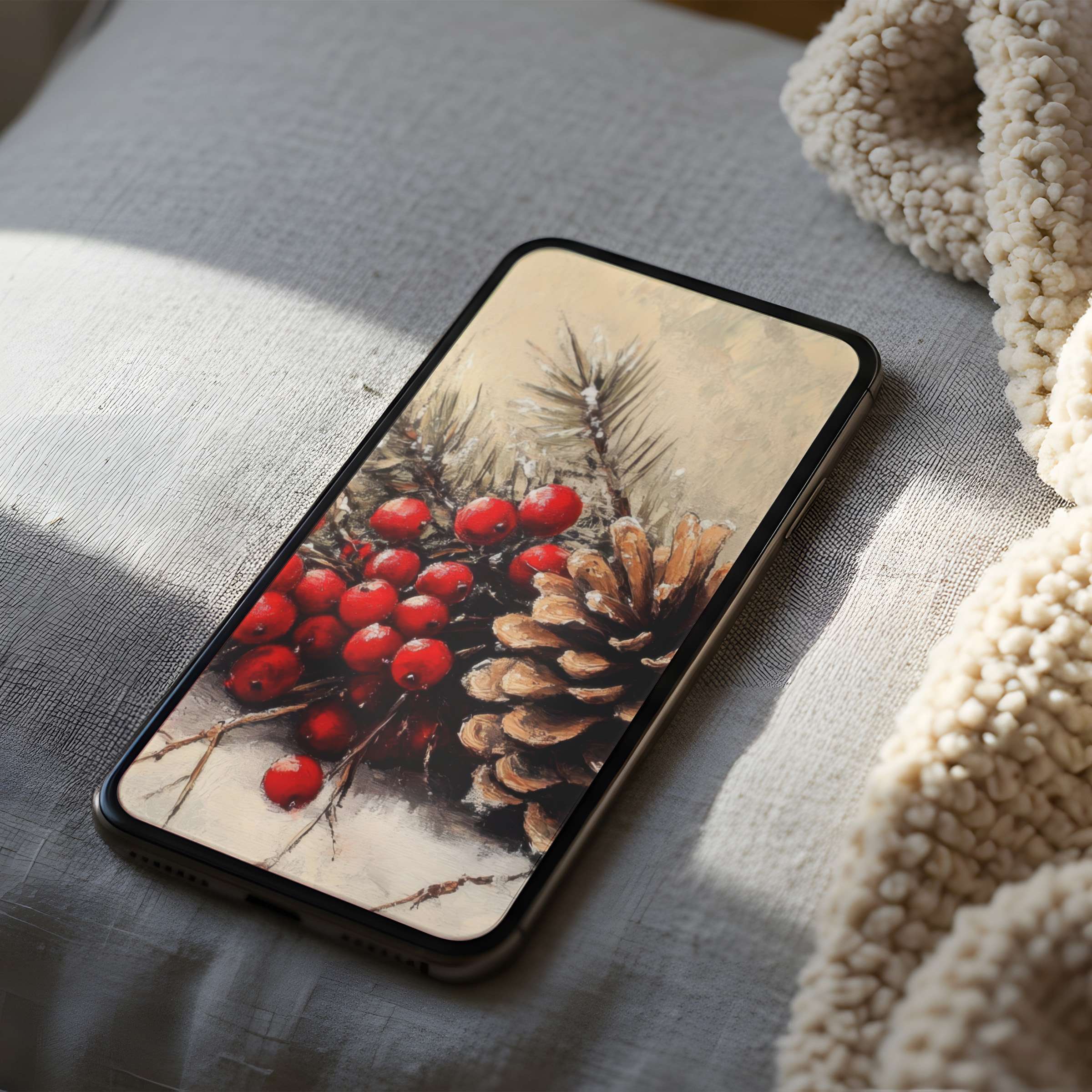 Elegant phone wallpaper featuring rustic pinecones and vibrant red berries in high resolution, perfect for iPhone and Android devices