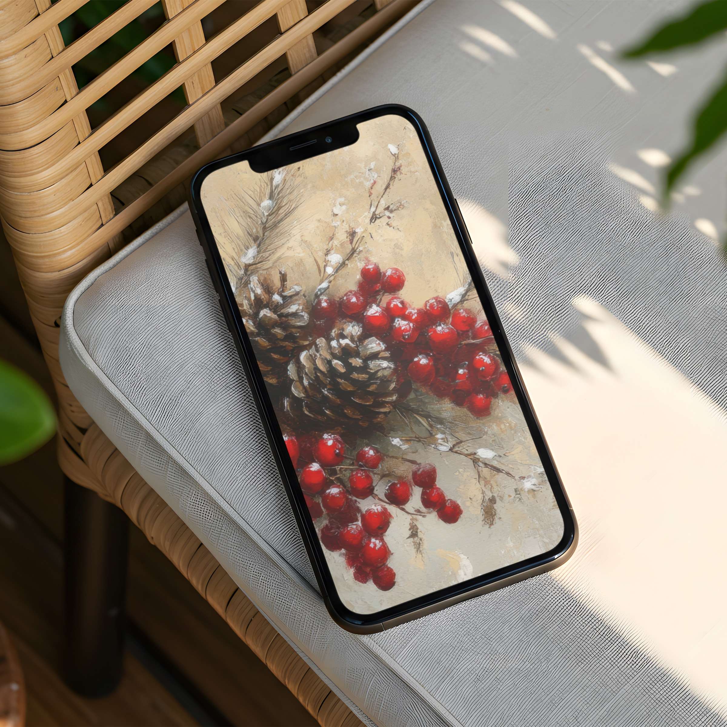 Elegant iPhone background featuring festive pinecones and red berries offers calm inspiration with instant download for any phone