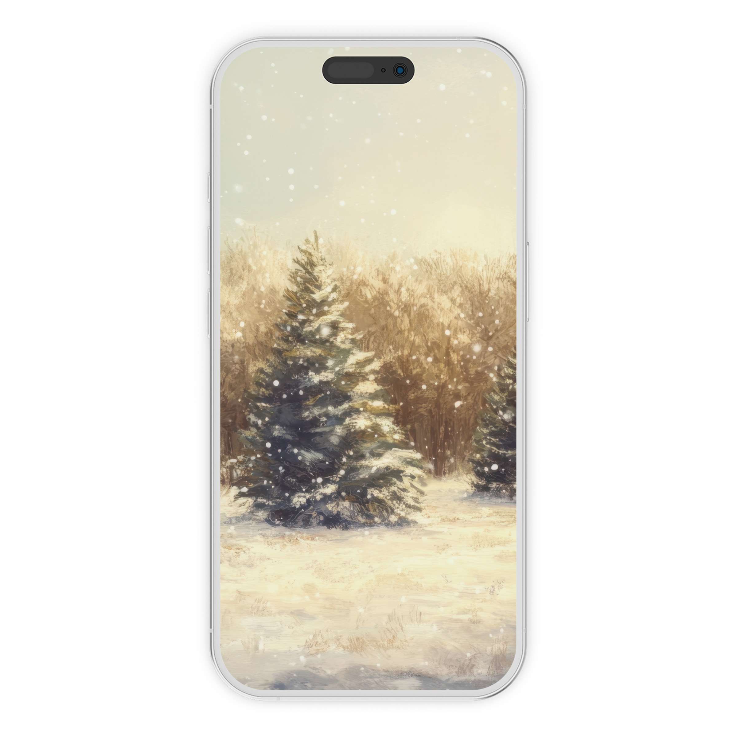 Christmas iPhone wallpaper captures serene snow-laden trees, offering an elegant digital download for phone backgrounds, evoking tranquility