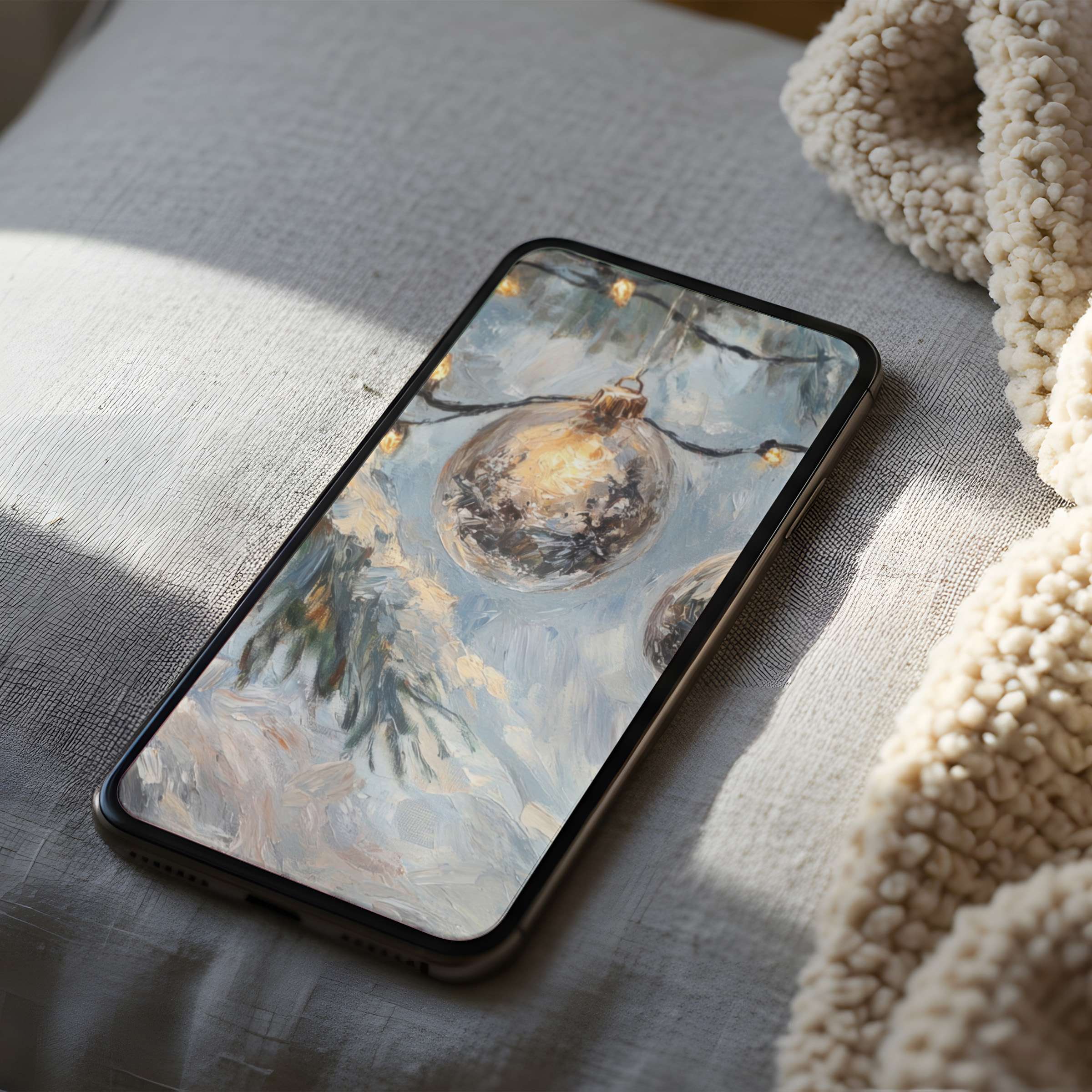 Elegant phone wallpaper featuring a serene winter motif with warm lights and delicate brushstrokes suitable for iPhone and Android download