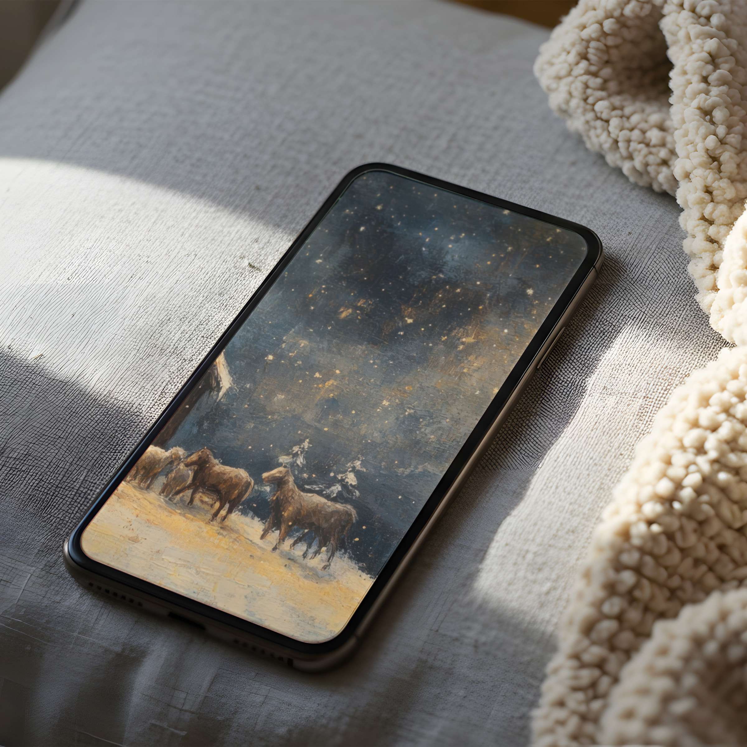 Elegant phone wallpaper featuring serene horses under a starlit sky, perfect for high-resolution iPhone and Android download