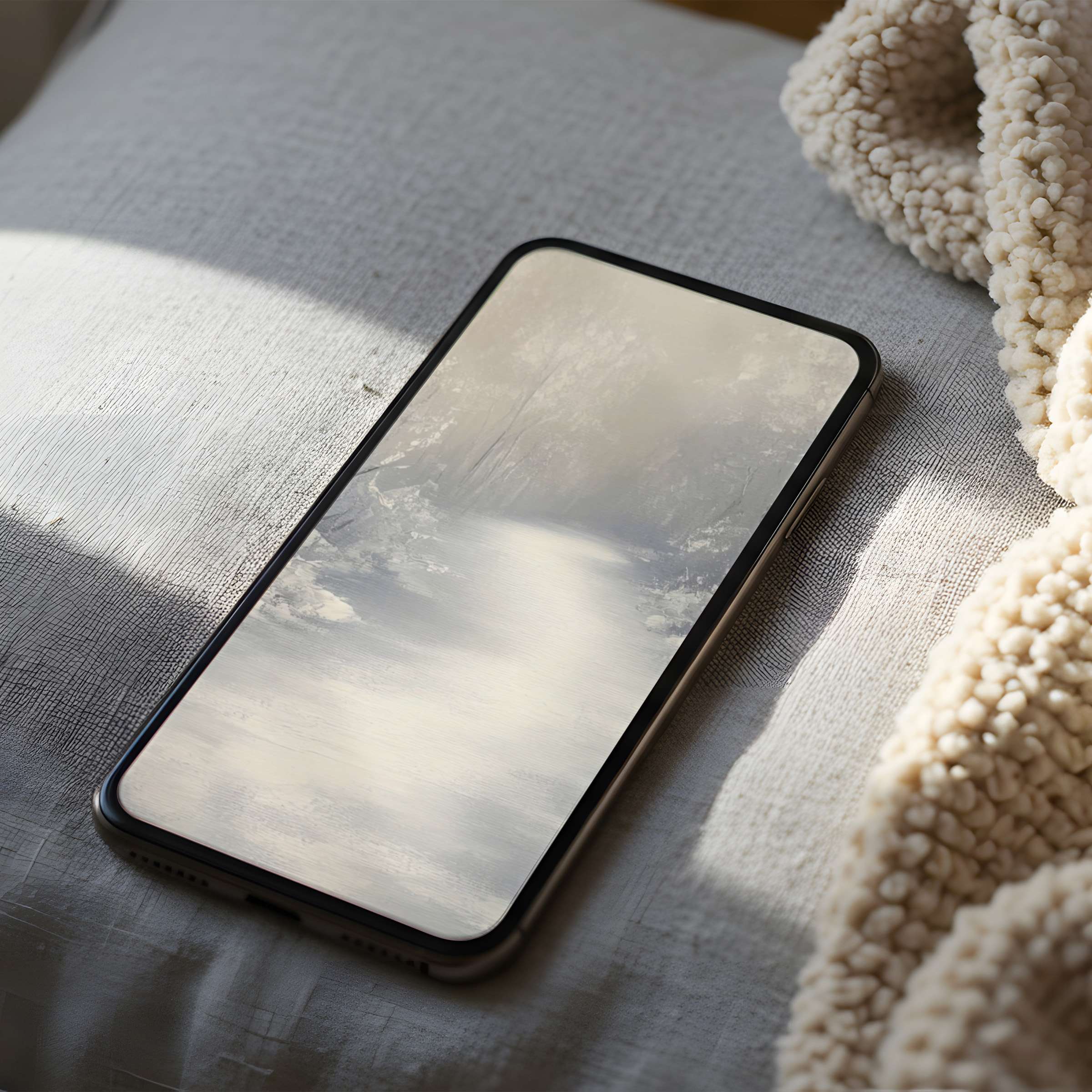 Elegant phone wallpaper featuring serene, misty forest path in soft neutrals perfect for iPhone and Android high-resolution digital download
