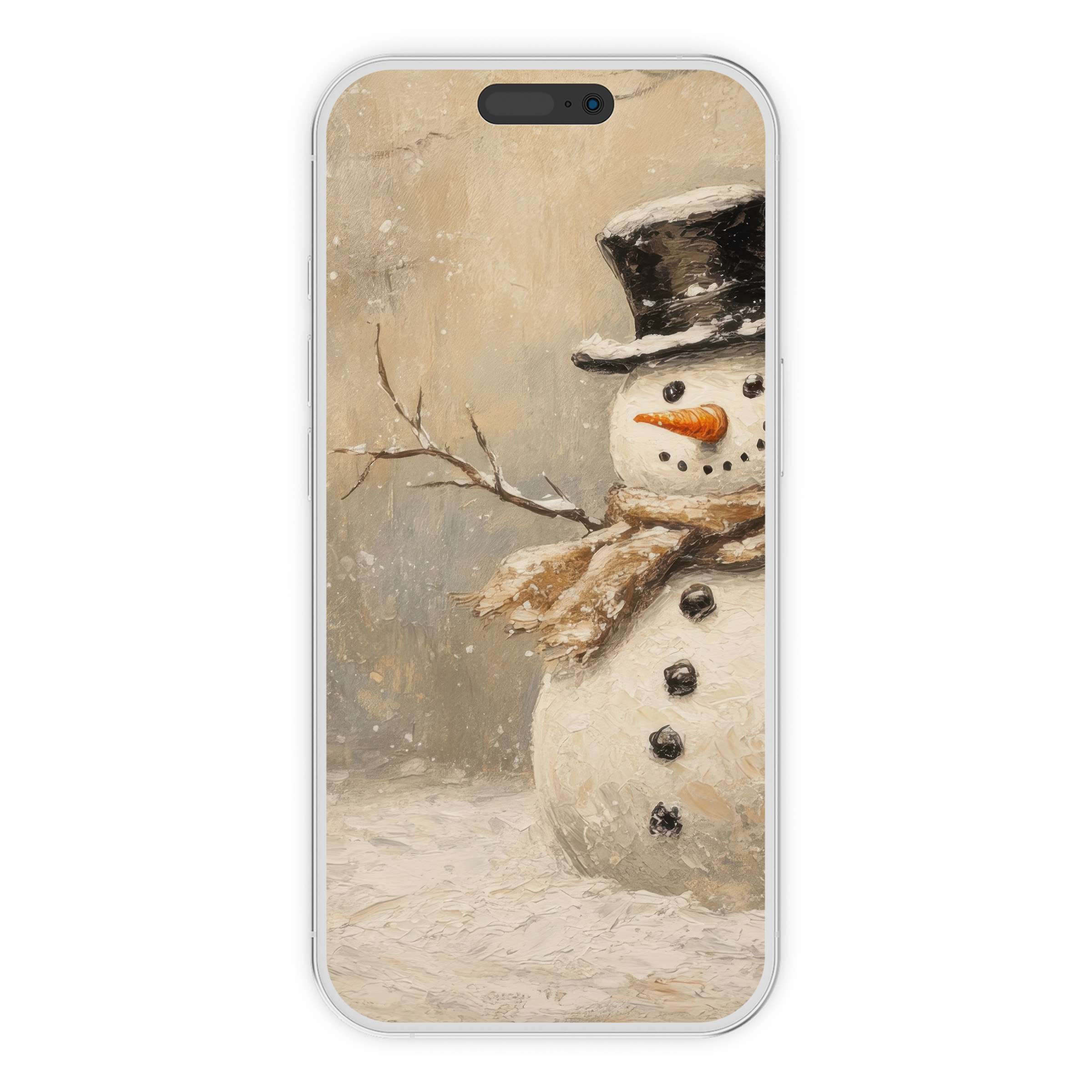 Elegant christmas iPhone wallpaper with a textured snowman art in muted tones, perfect phone background for digital download