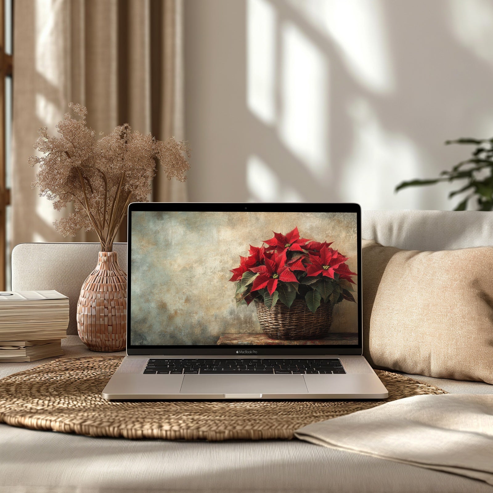 Christmas desktop wallpaper featuring a basket of red poinsettias on a rustic background, displayed on a MacBook Pro in a warm, cozy living room - elegant holiday digital art by Gallery Flair