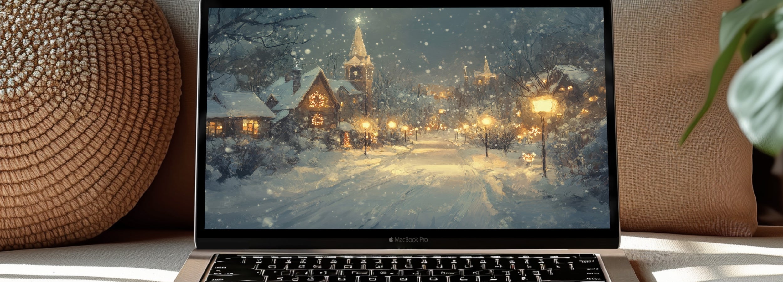 Christmas computer background featuring a cozy snow-covered village with glowing streetlights and festive charm, displayed on a MacBook Pro in a warm, inviting home setting - elegant digital wallpaper by Gallery Flair