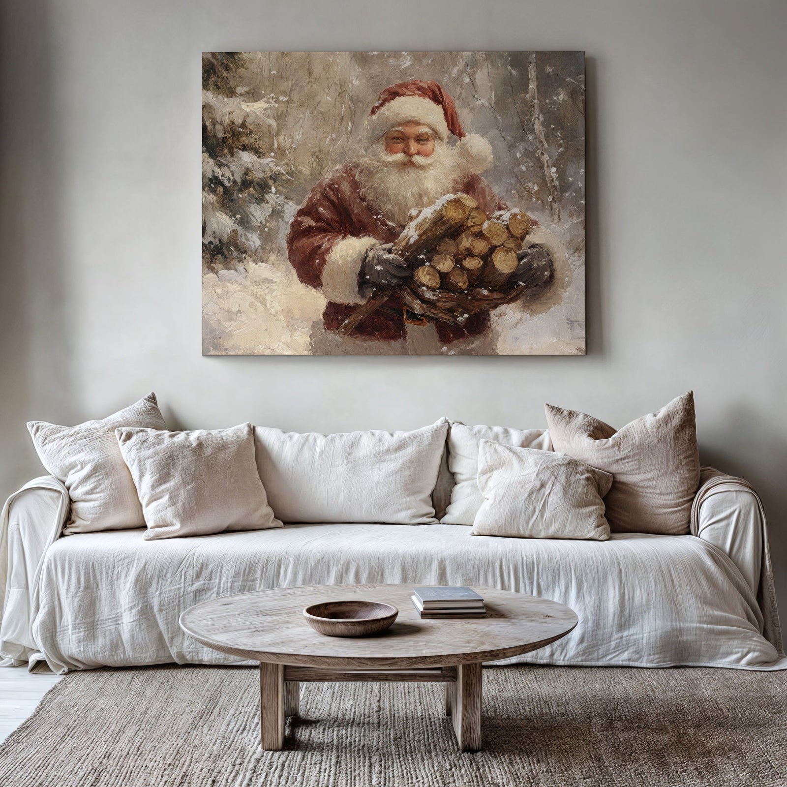 Christmas printable wall art showing a vintage-style Santa Claus carrying firewood in a snowy forest, displayed above a neutral modern sofa in a cozy winter-inspired living room