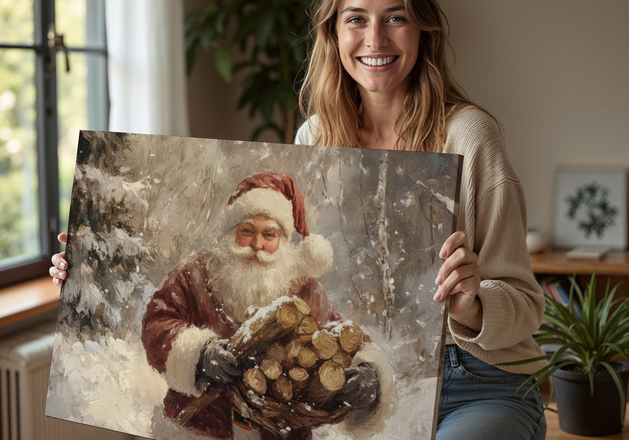Woman with a Christmas Digital Art Print showing Santa Claus in snowy forest