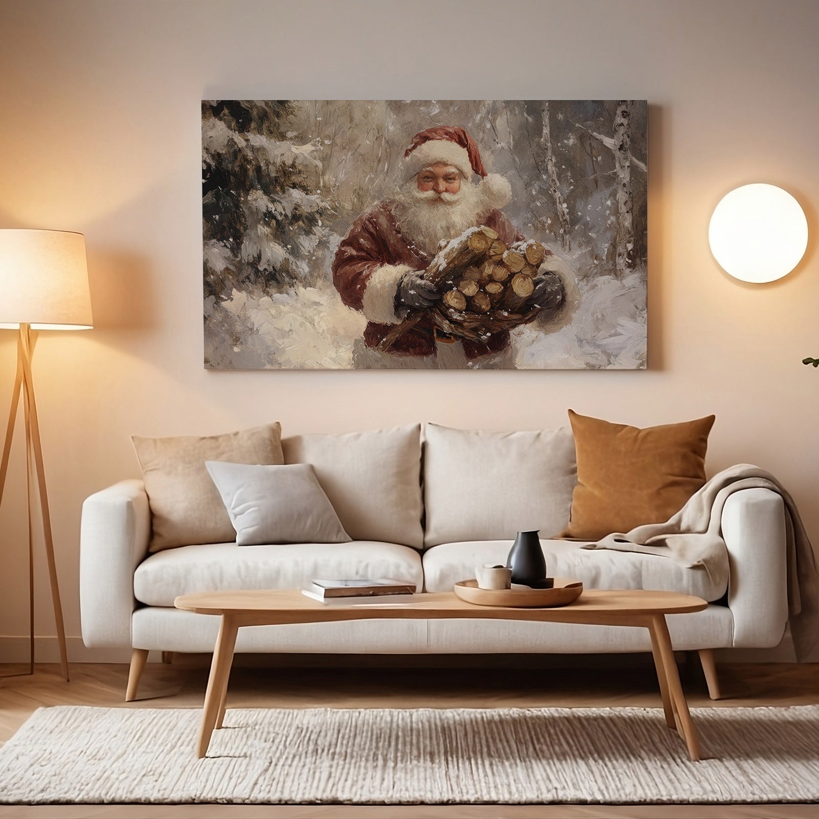 Christmas Digital Art Print with Santa Claus in Minimalist Living Room
