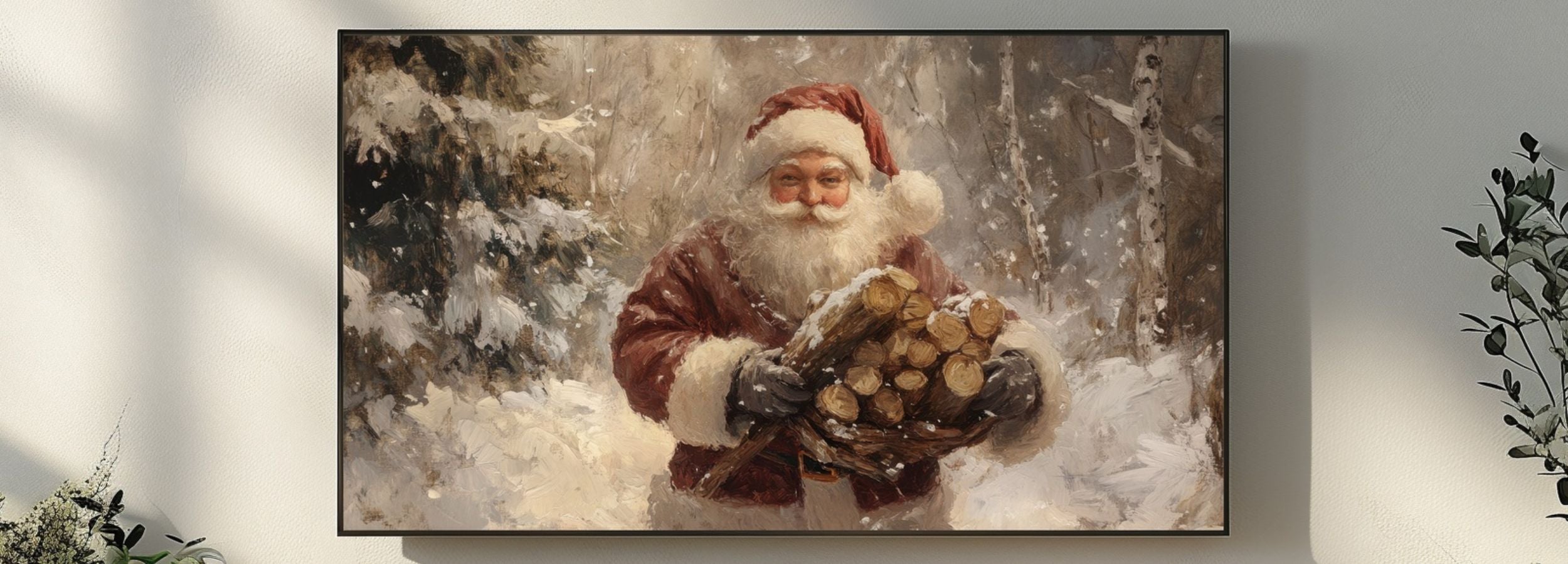 Vintage Santa Claus Christmas Frame TV Art hanging in a cozy winter living room, warm nostalgic holiday painting with snow and firewood, digital download for Samsung Frame TV