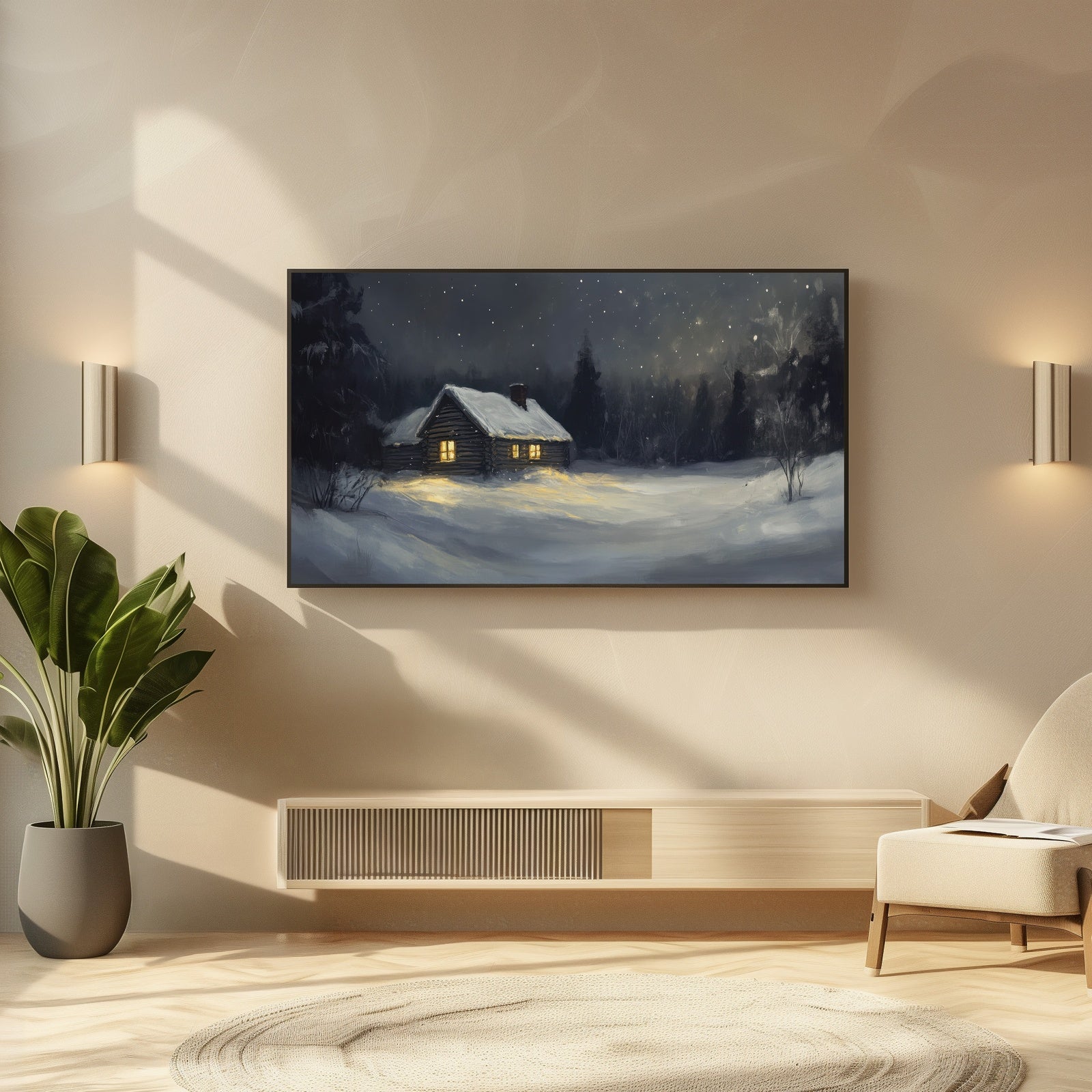 Christmas Frame TV Art with Snow Cabin