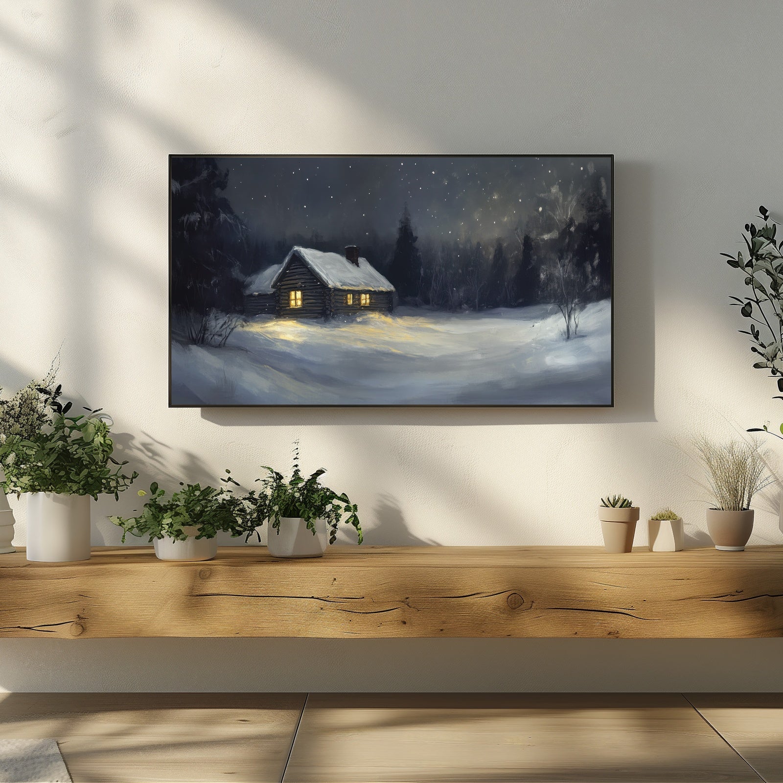 Cozy Christmas cabin in a snowy winter forest with warm glowing windows, digital artwork displayed on a Samsung Frame TV