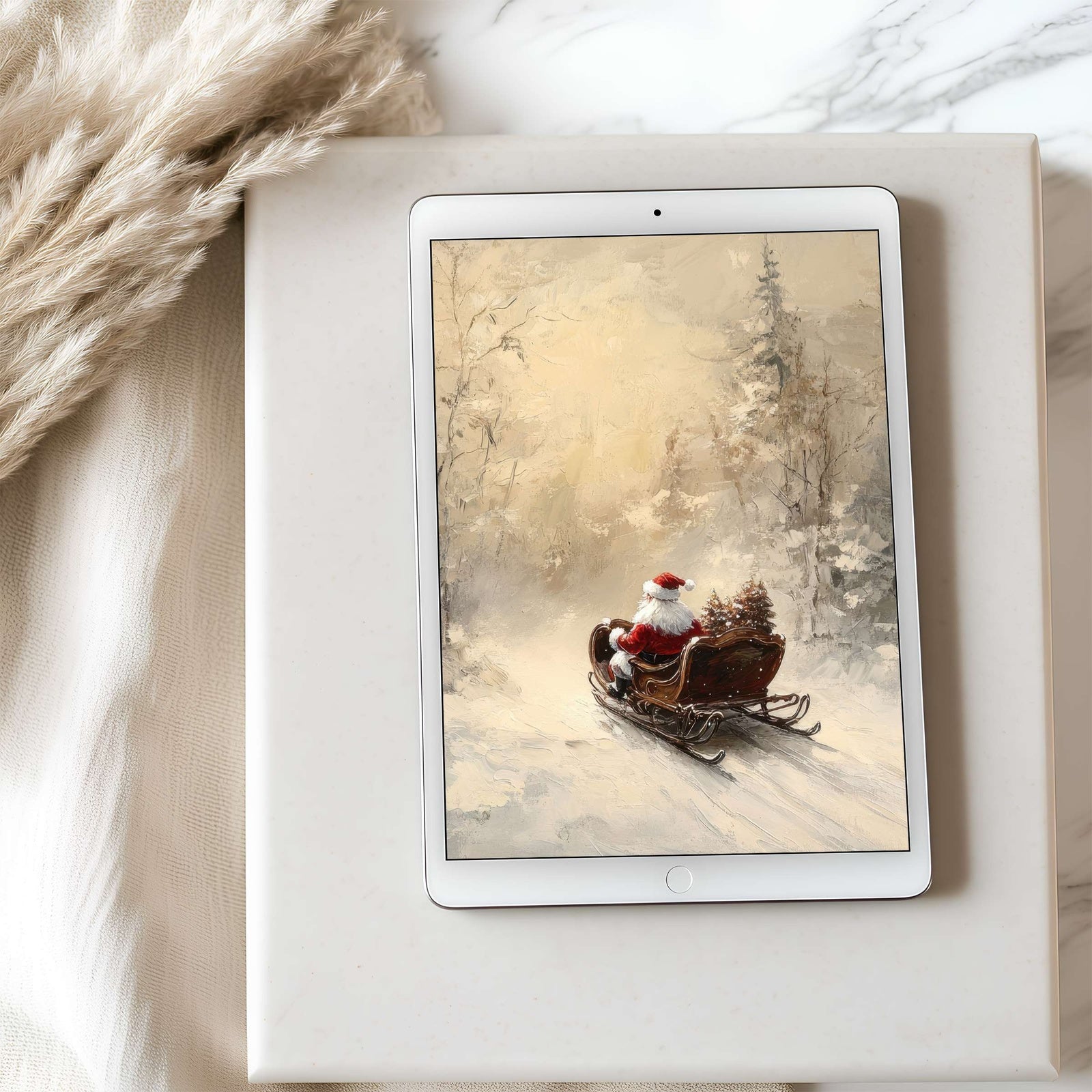Festive iPad wallpaper featuring Santa riding his sleigh through a snowy forest, creating a cozy and magical Christmas atmosphere for your screen
