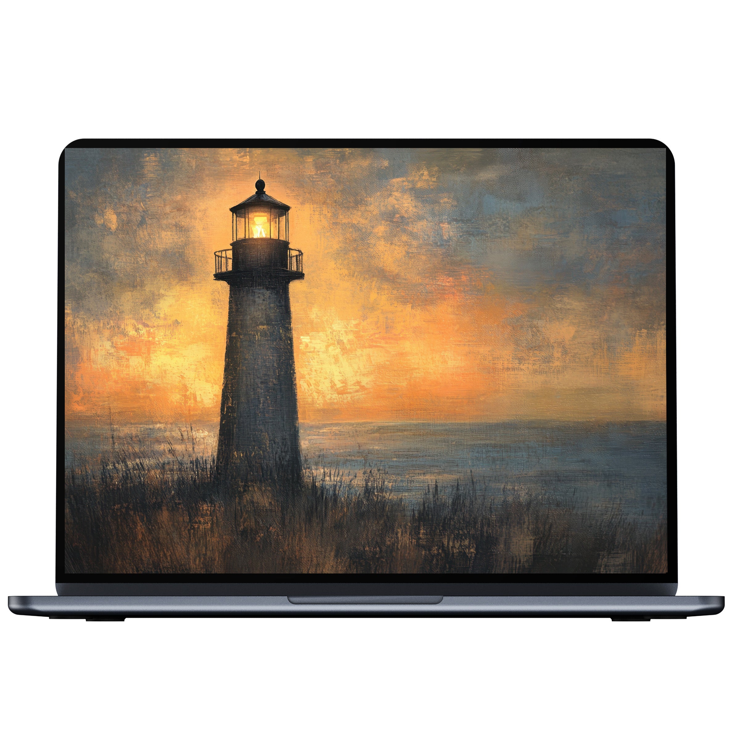 Coastal desktop wallpaper featuring a serene lighthouse against a glowing sunset offers calm elegance for digital download on PC or laptop