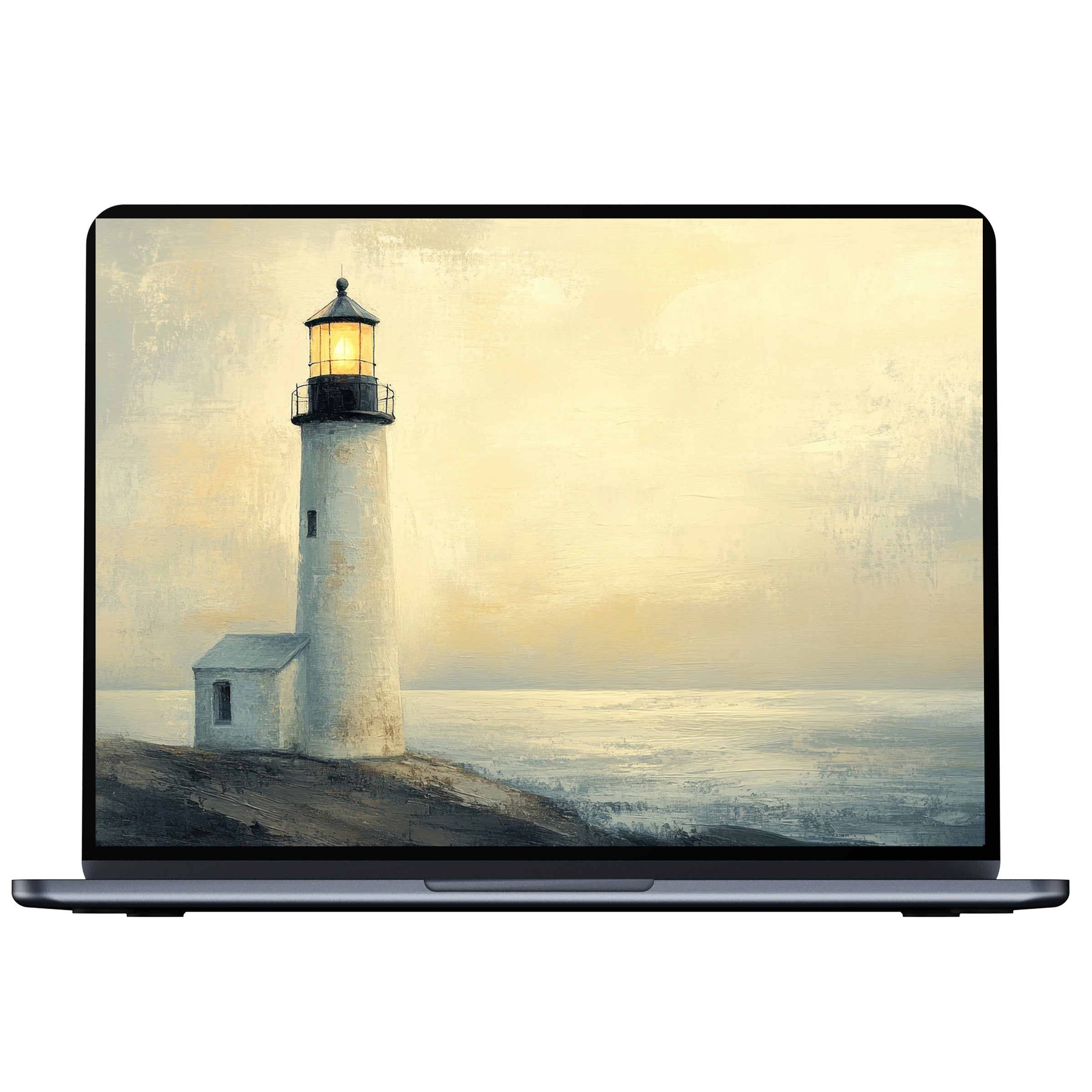 Coastal desktop wallpaper featuring a serene lighthouse against a misty sea in soft pastels digital download ideal for PC or laptop
