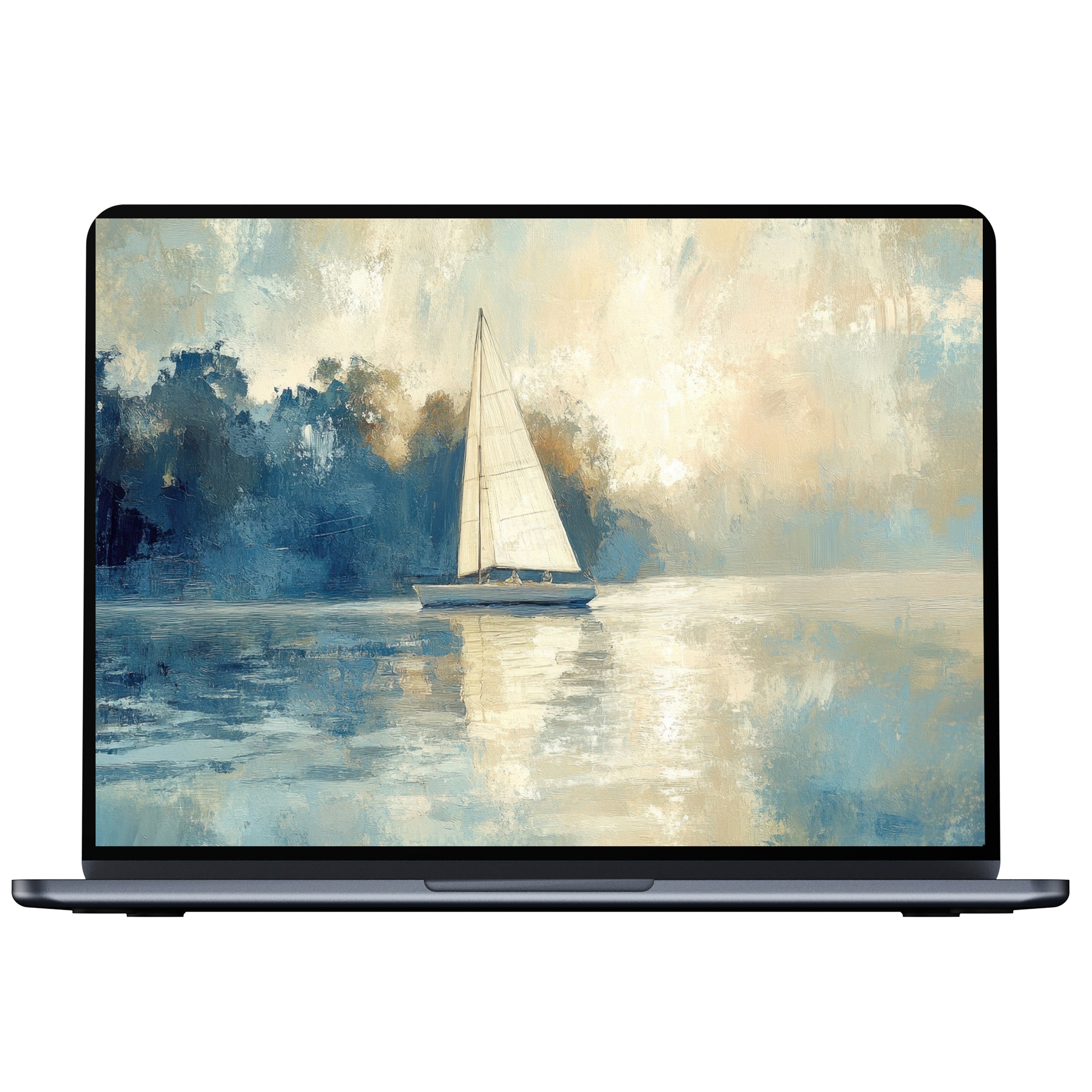Coastal desktop wallpaper digital download features a serene sailboat on tranquil waters in soft blues and creams for PC and laptop