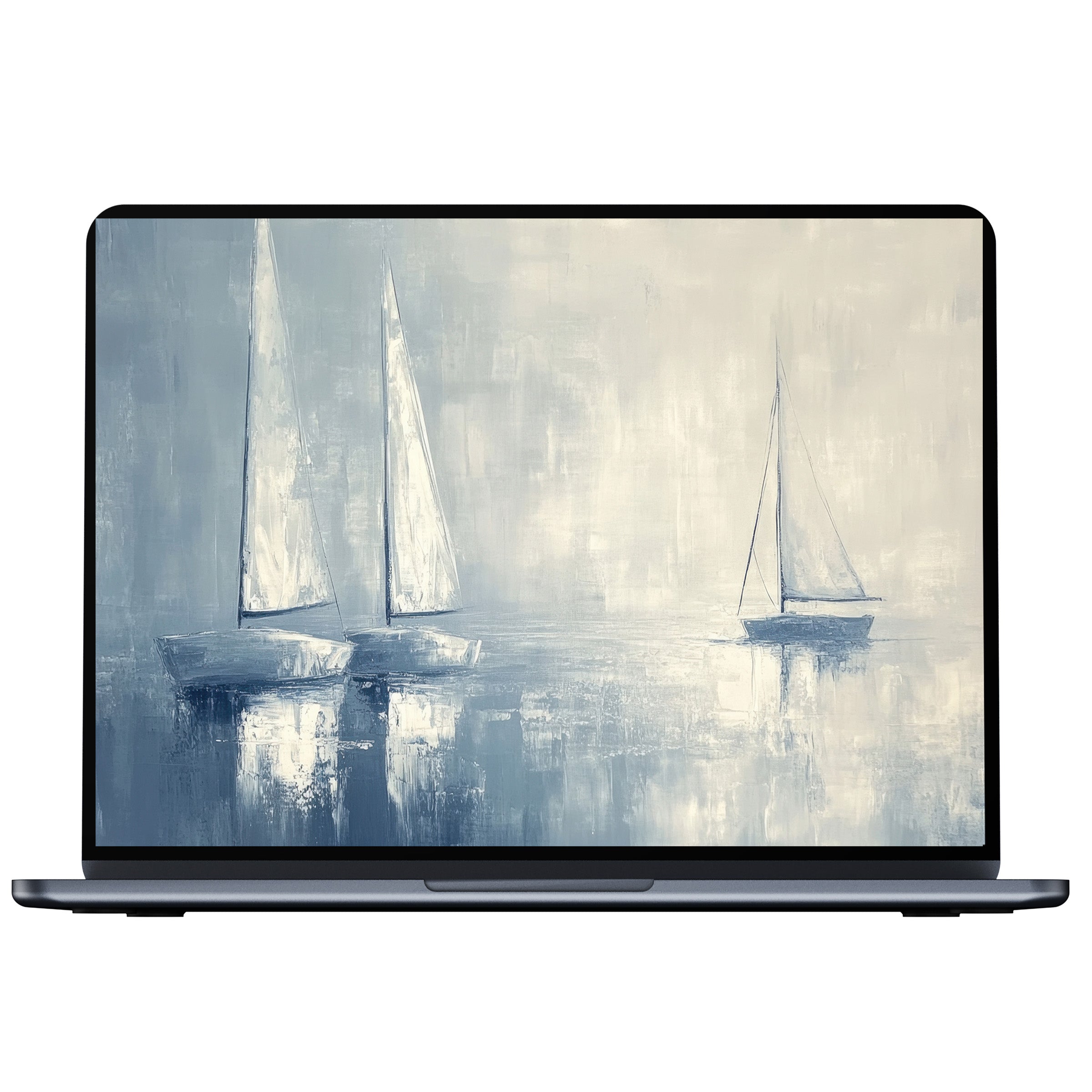 Coastal desktop wallpaper with serene sailboats in soft blue tones offers digital download for calm inspiration on PC or laptop