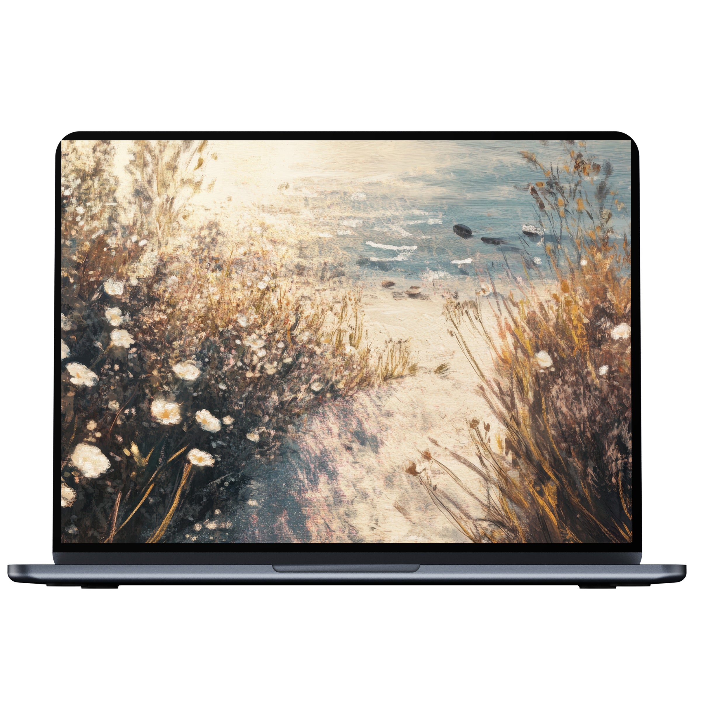 Elegant coastal desktop wallpaper digital download with serene seascape and delicate wildflowers ideal for PC, laptop, and Mac