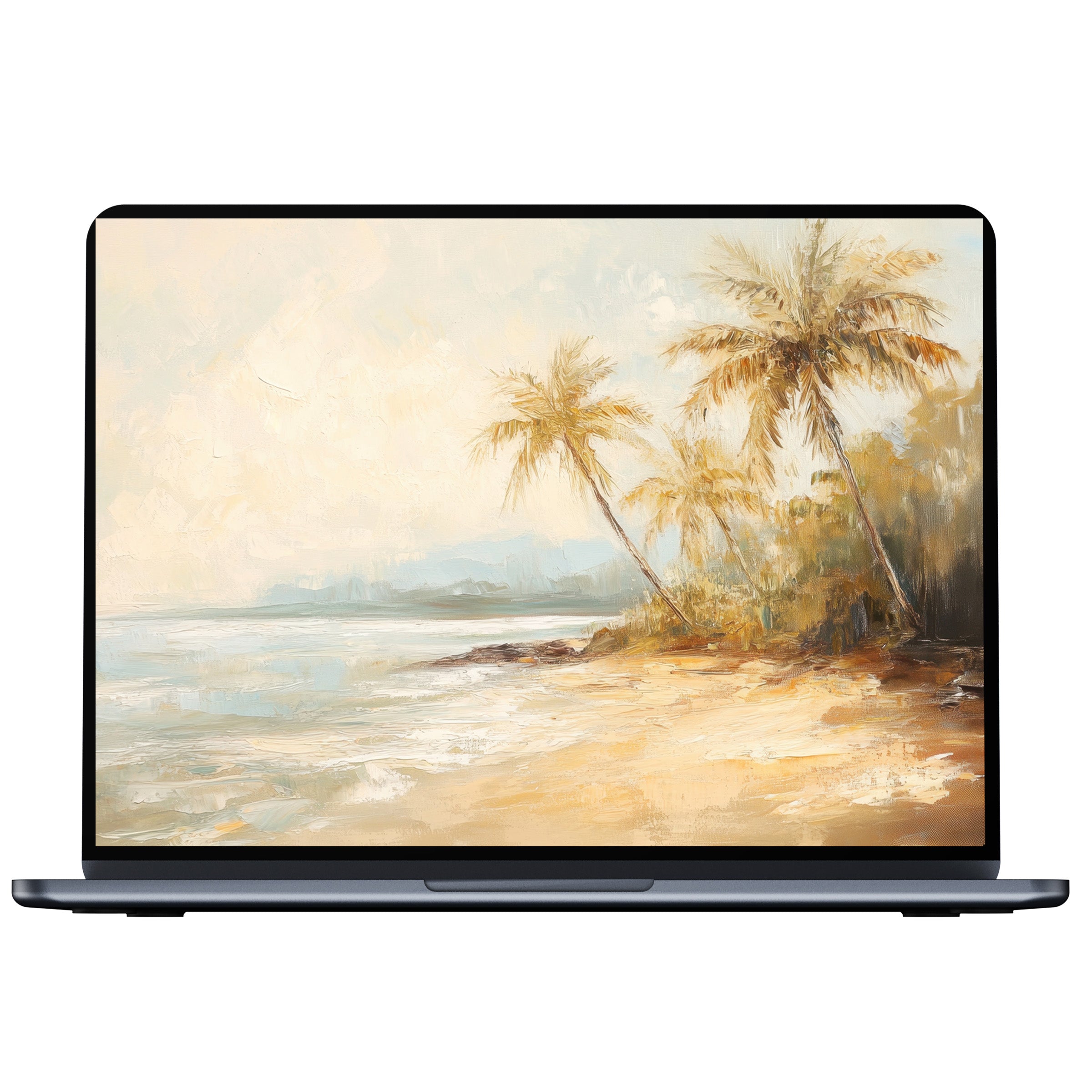 Coastal desktop wallpaper digital download: serene beach scene with palm trees in soft hues for PC and laptop, inspiring calm elegance