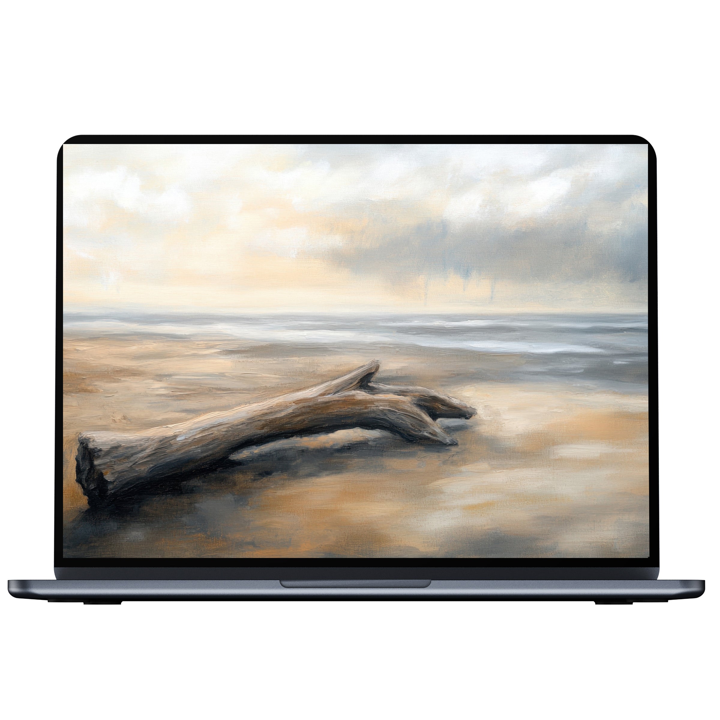 Coastal desktop wallpaper digital download featuring serene driftwood and muted seascape hues perfect for PC, laptop, or Mac screens