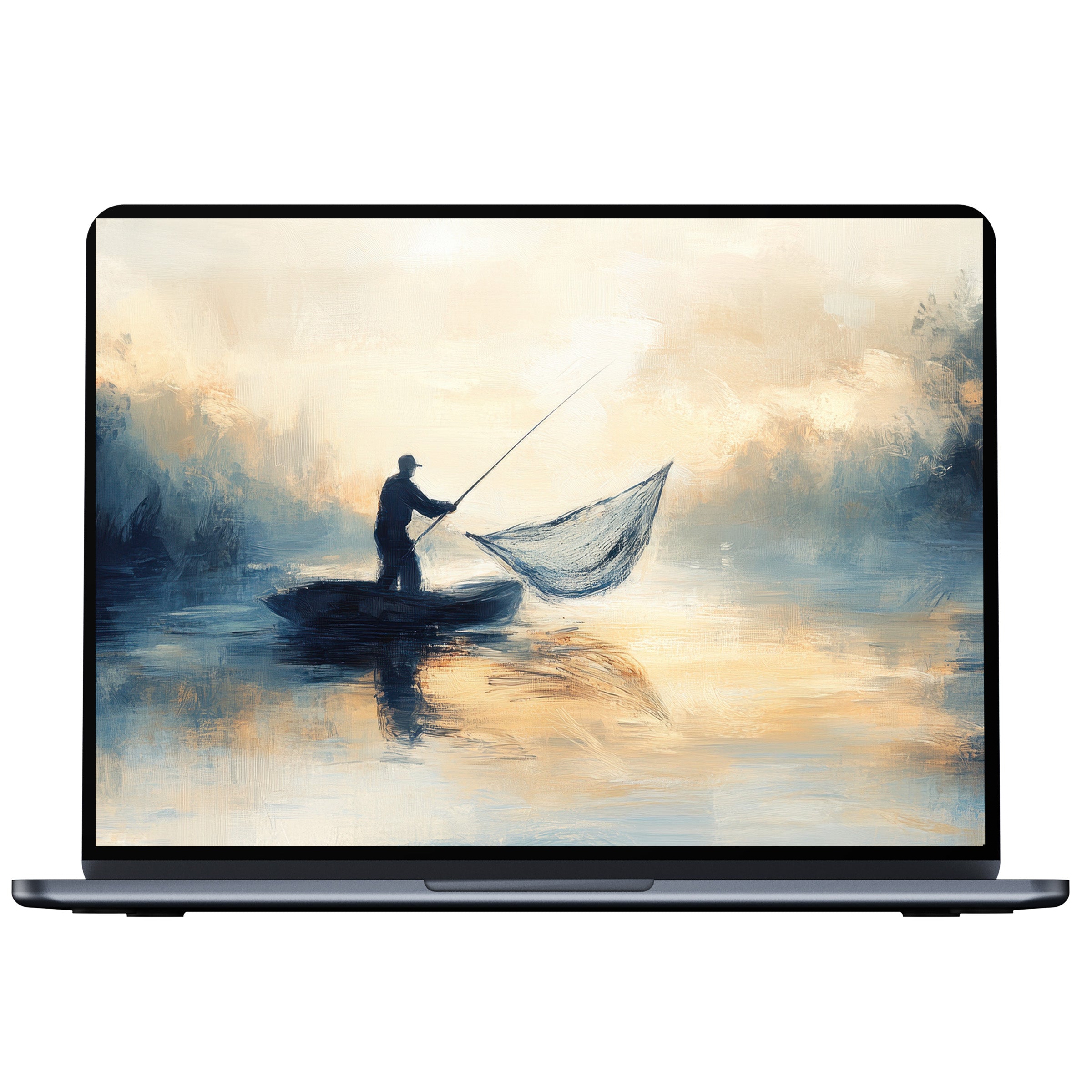 Elegant coastal desktop wallpaper painting of a serene fisherman at dawn in soft blues and golds digital download for PC and laptop