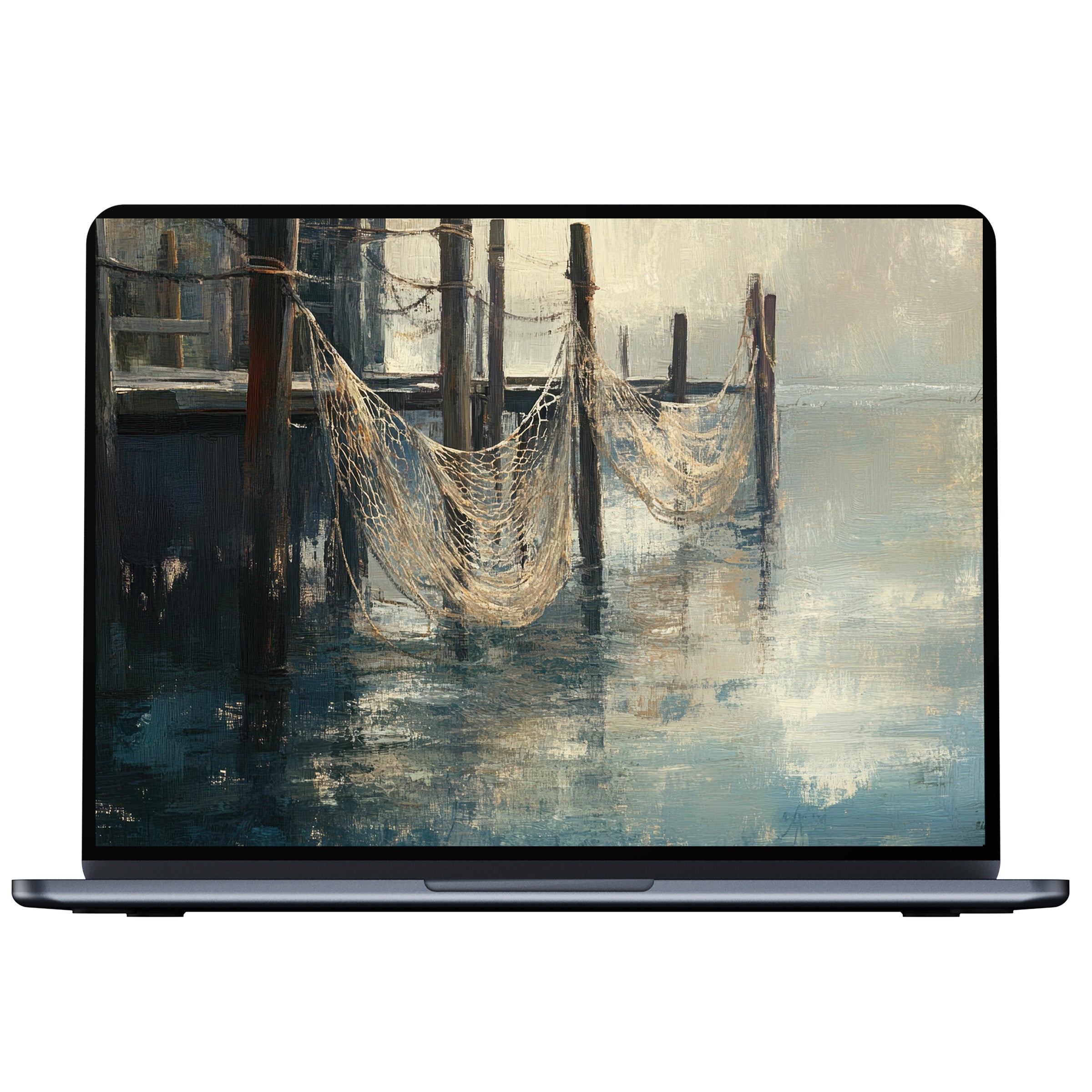 Coastal desktop wallpaper featuring serene docks and nets on a misty ocean fits PC laptop Mac digital download inspiring calm elegance
