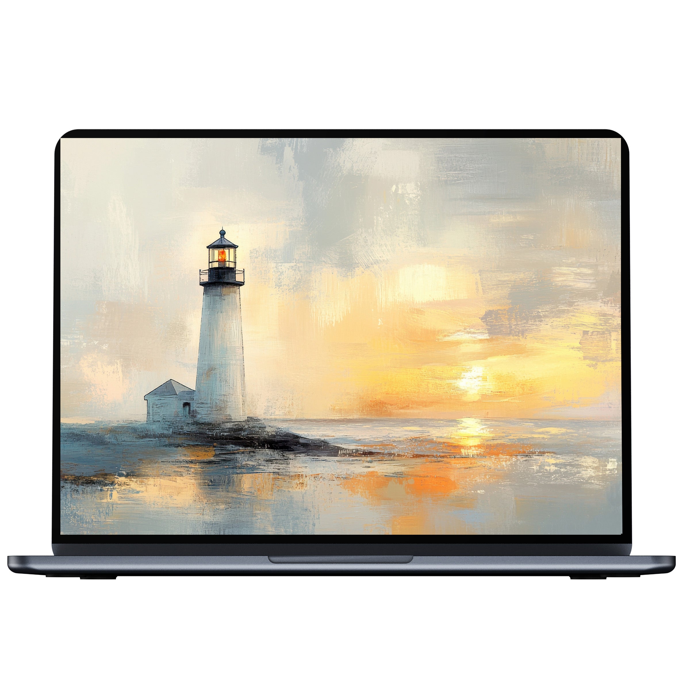 Calming coastal desktop wallpaper in soft hues depicts a lighthouse at sunset digital download perfect for PC and laptop use