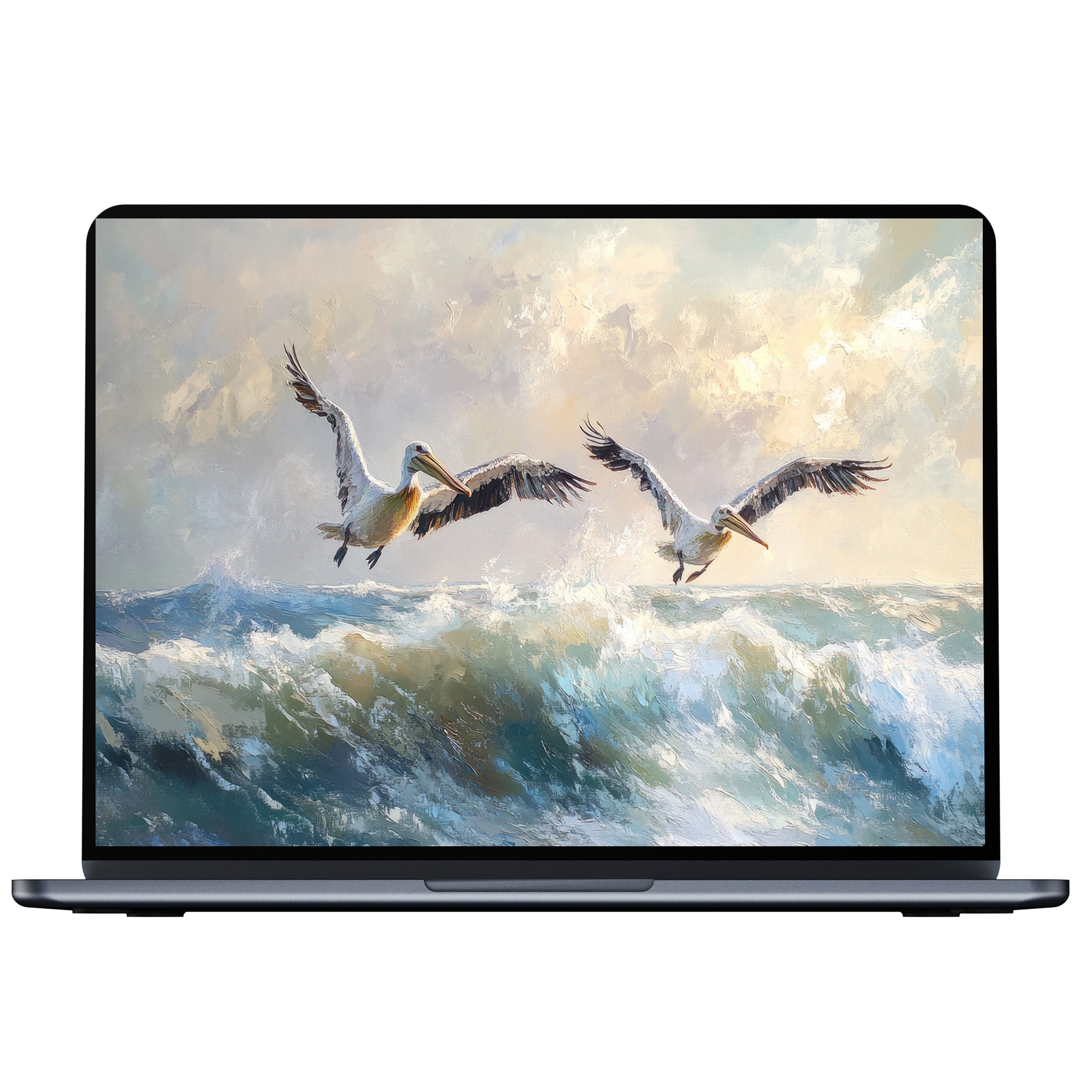 Coastal desktop wallpaper featuring elegant pelicans over ocean waves in soft hues, a calming digital download for PC and laptop users