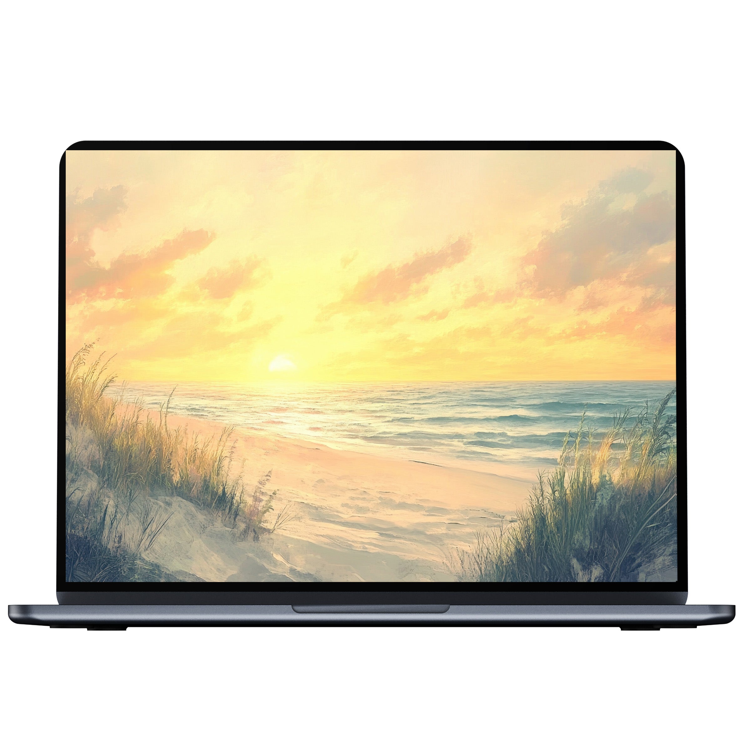 Coastal desktop wallpaper digital download with serene sunset waves and sandy beach fits PC laptop Mac for calm inspiration