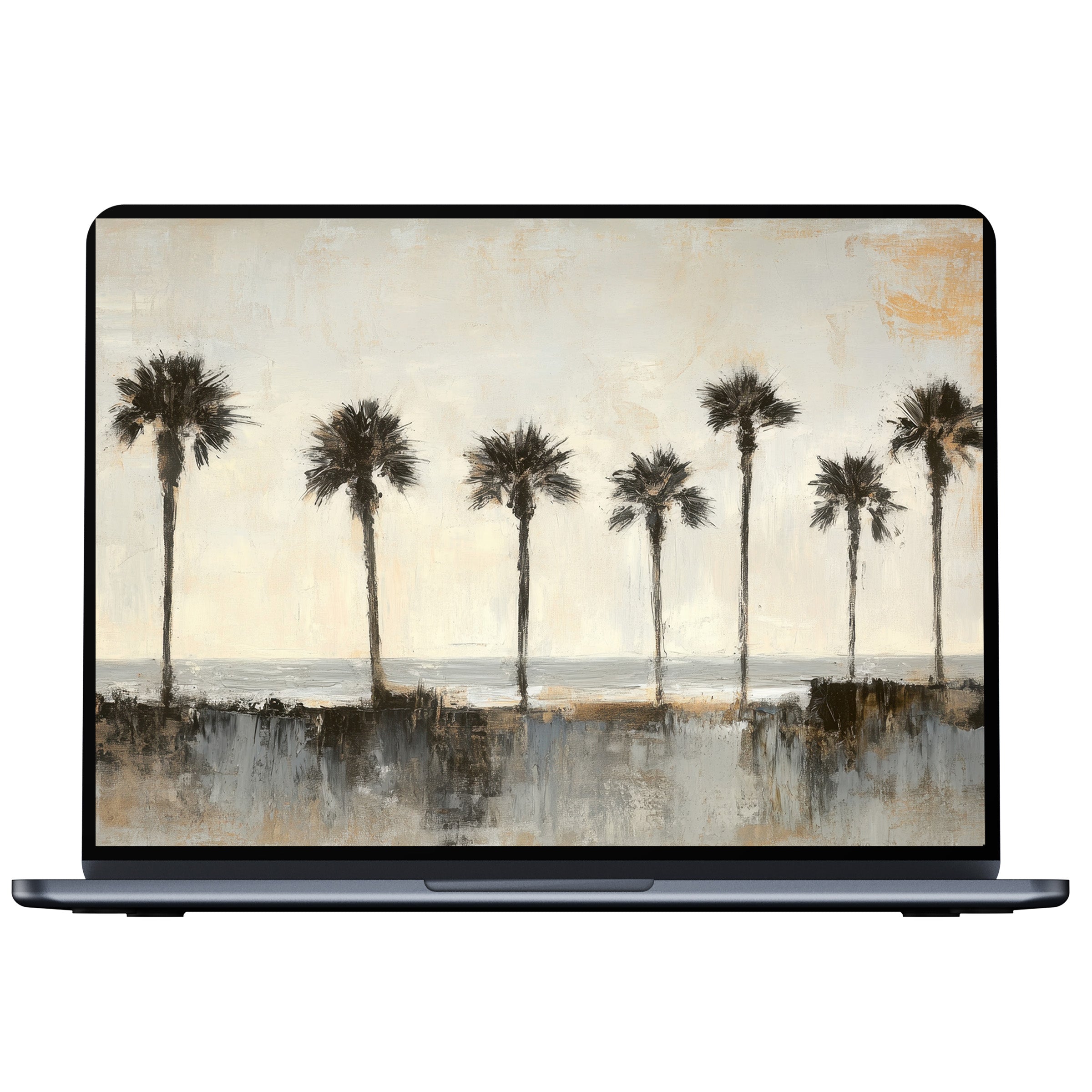 Coastal desktop wallpaper with serene palm silhouettes in soft tones for PC and laptop digital download enhancing calm inspiration