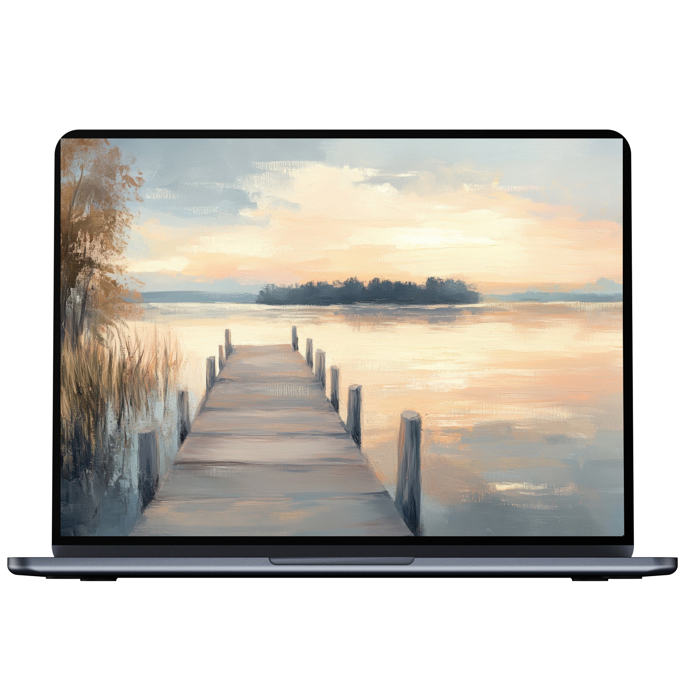 Calming coastal desktop wallpaper digital download for PC and laptop featuring an elegant watercolor pier at sunset, inspiring serenity