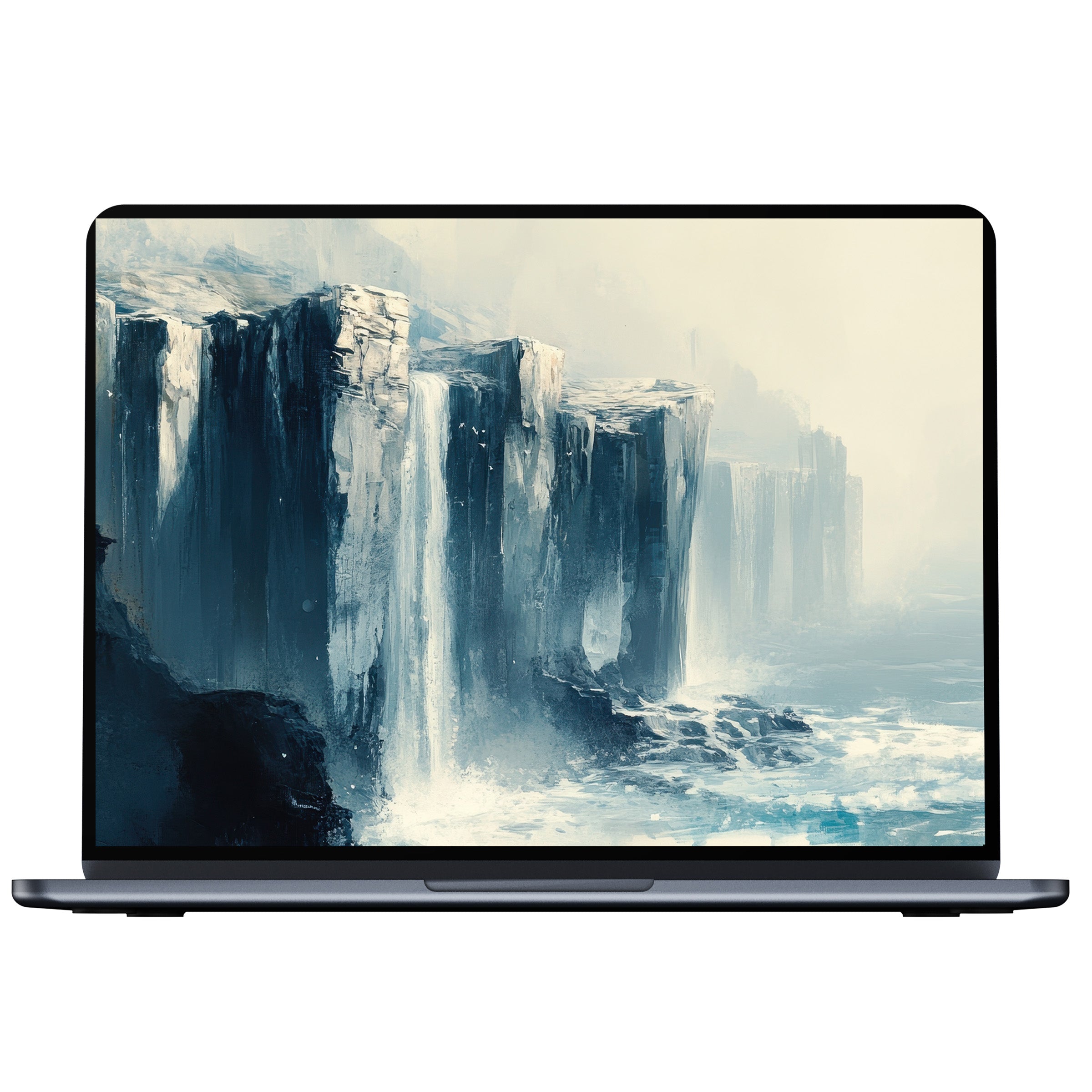 Coastal desktop wallpaper digital download for PC and laptop showcasing serene cliffs and waves in a misty, artistic style