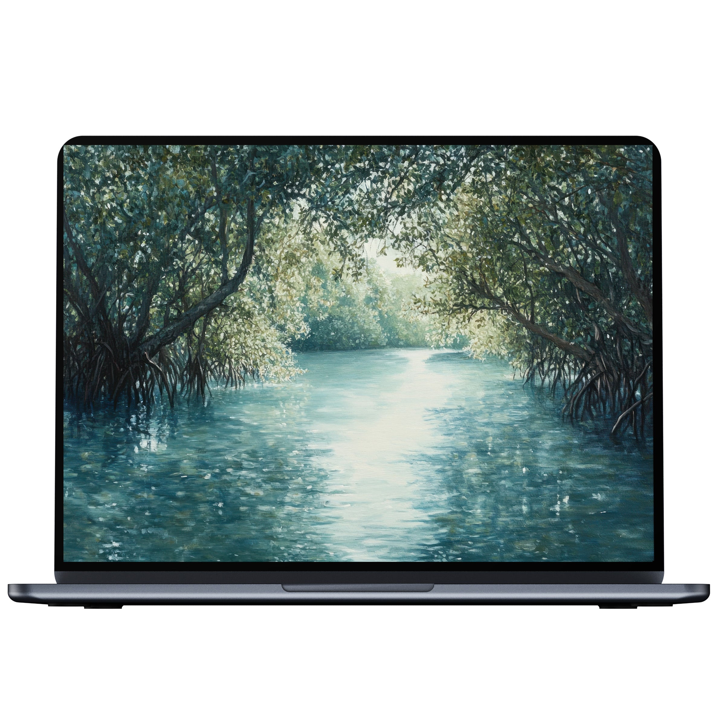 Coastal desktop wallpaper digital download features tranquil waterway and lush green canopy, perfect for PC and laptop inspiration