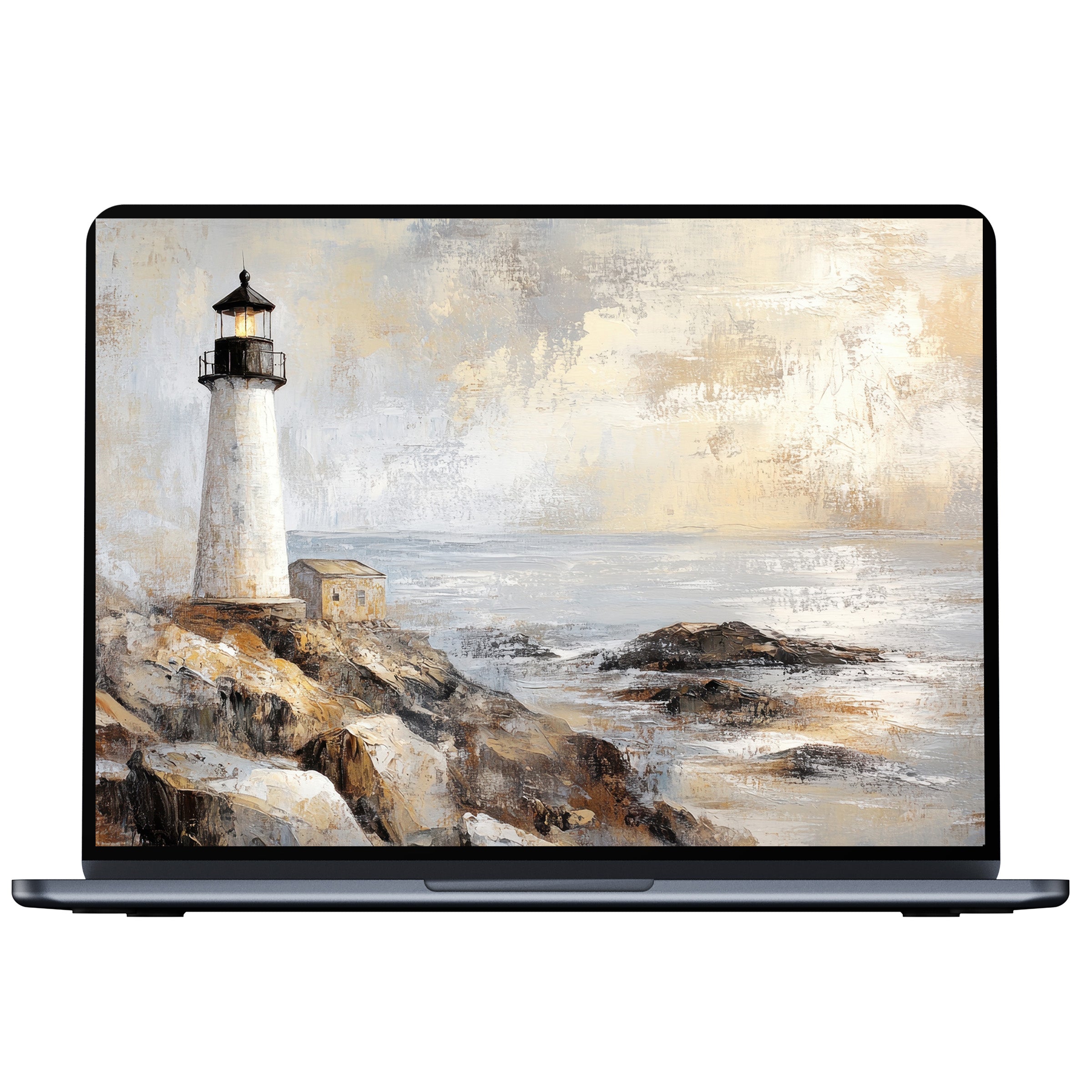Coastal desktop wallpaper digital download in serene brushstroke style featuring a lighthouse by rocky shores fits PC laptop Mac