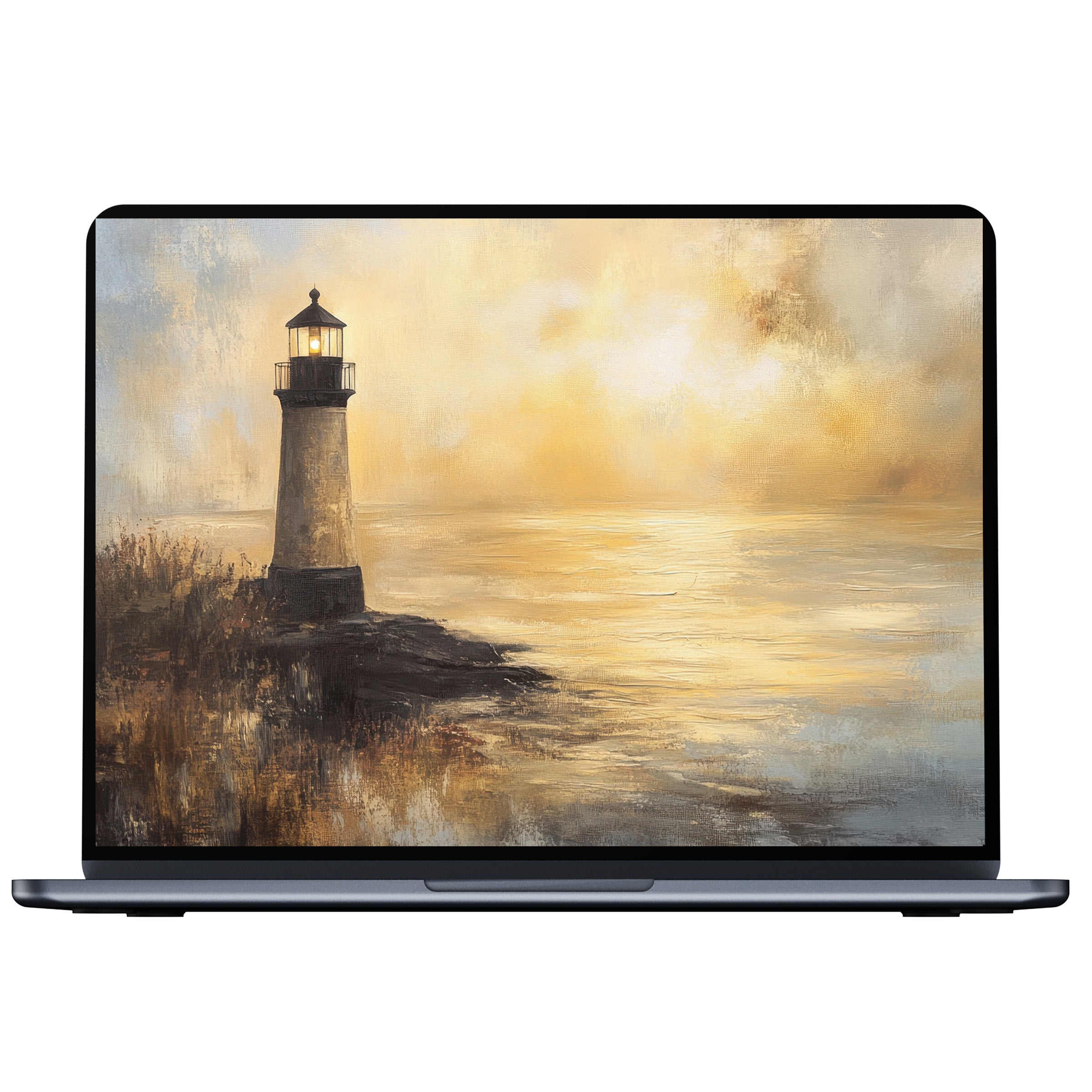 Coastal desktop wallpaper with serene lighthouse, soothing golden sunset art for digital download fits PC, laptop, Mac for elegance