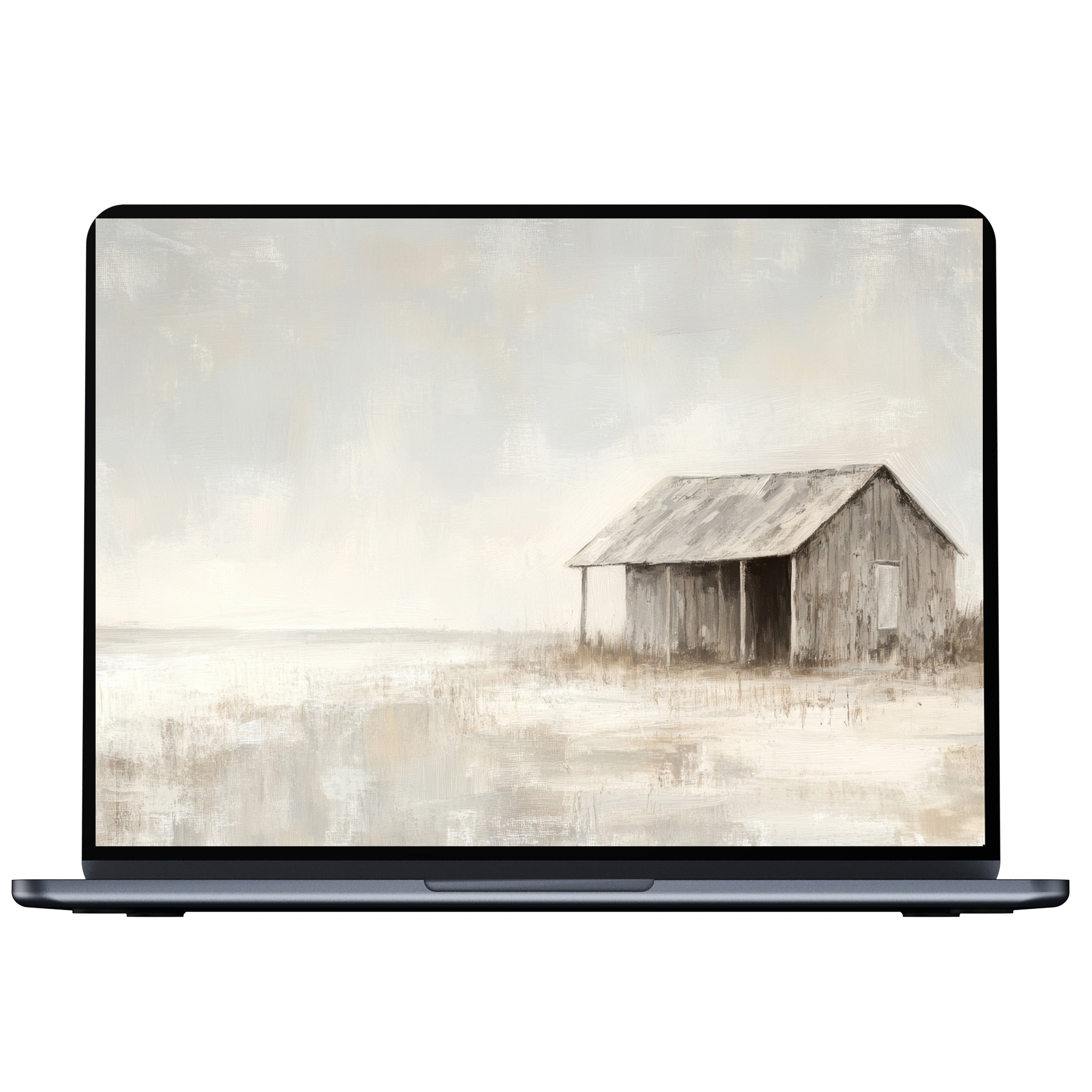 Coastal desktop wallpaper digital download featuring serene muted tones and a rustic shack for PC, Laptop, or Mac inspires tranquility