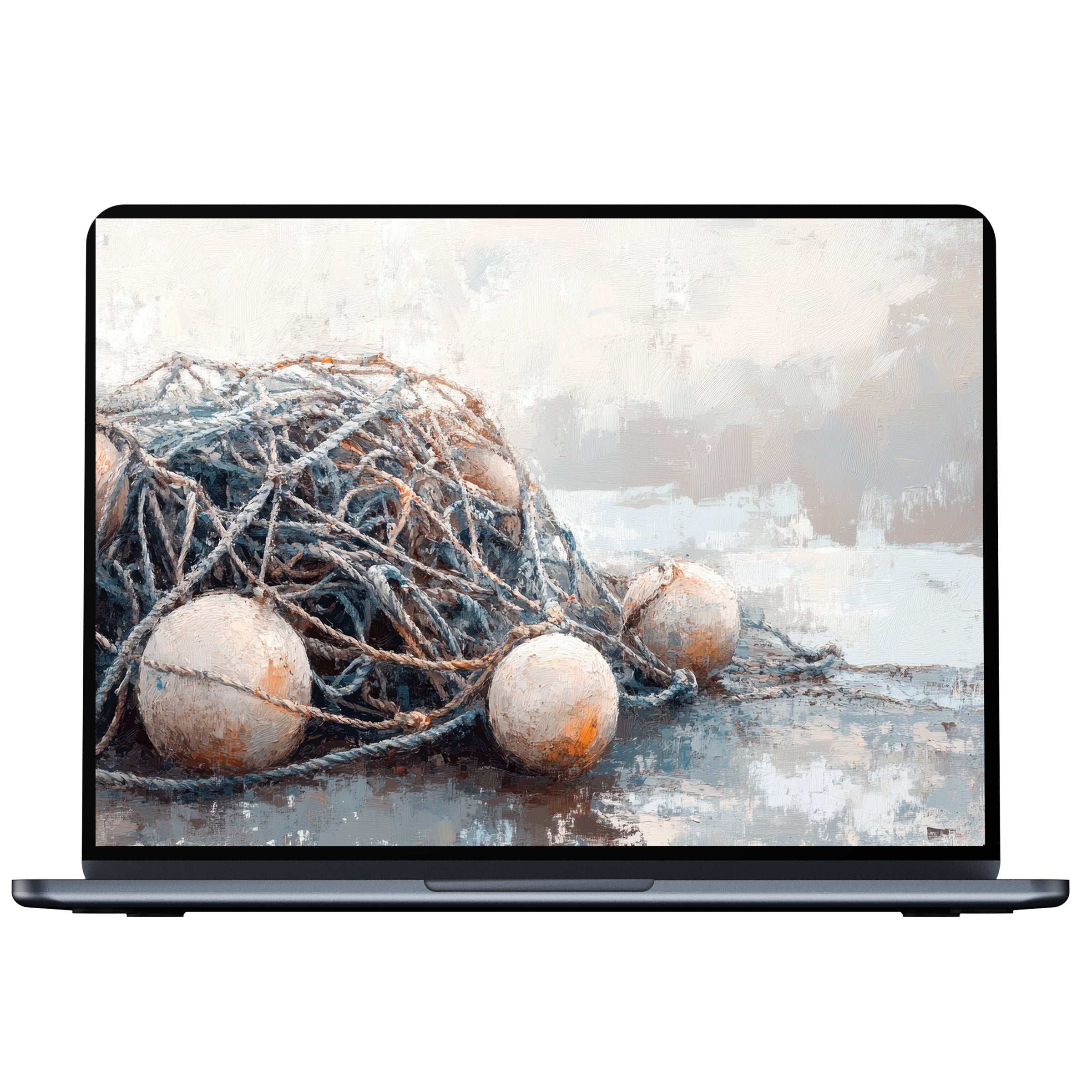 Coastal desktop wallpaper digital download featuring textured fishing nets and buoys in soothing tones fits PC and laptop screens