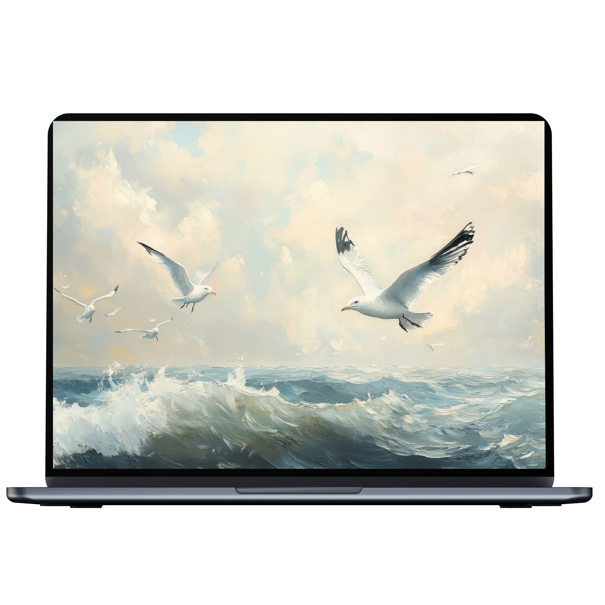 Coastal desktop wallpaper digital download featuring serene seagulls over ocean waves creating calm ambiance for PC or laptop screens