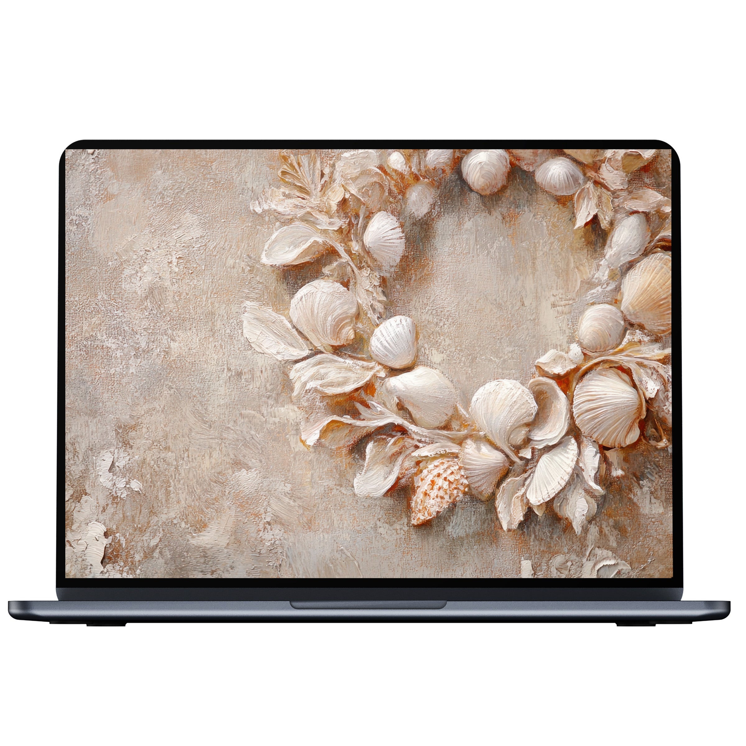 Coastal desktop wallpaper digital download featuring elegant shells and textured pastels, inspiring calm for PC and laptop screens