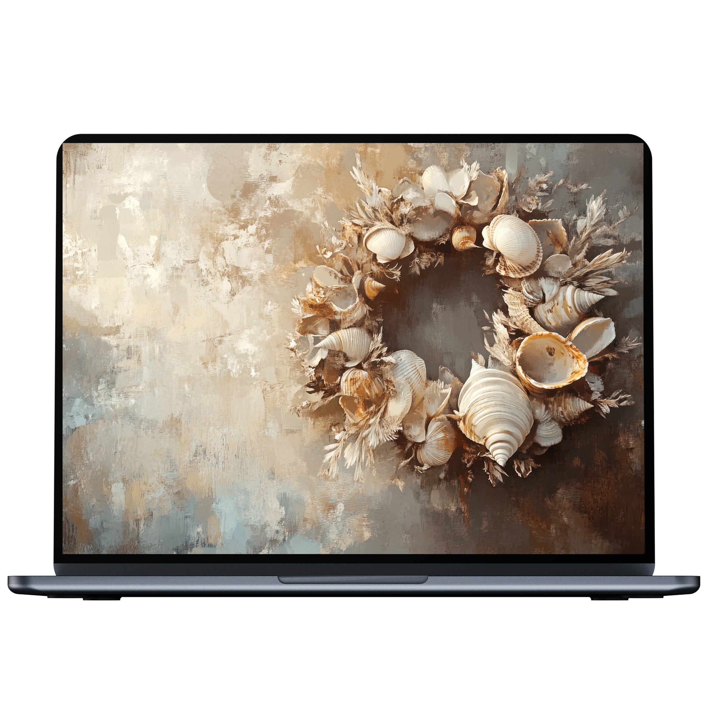 Coastal desktop wallpaper digital download showcases serene shells in warm hues, offering calm elegance for PC, laptop, or Mac screens