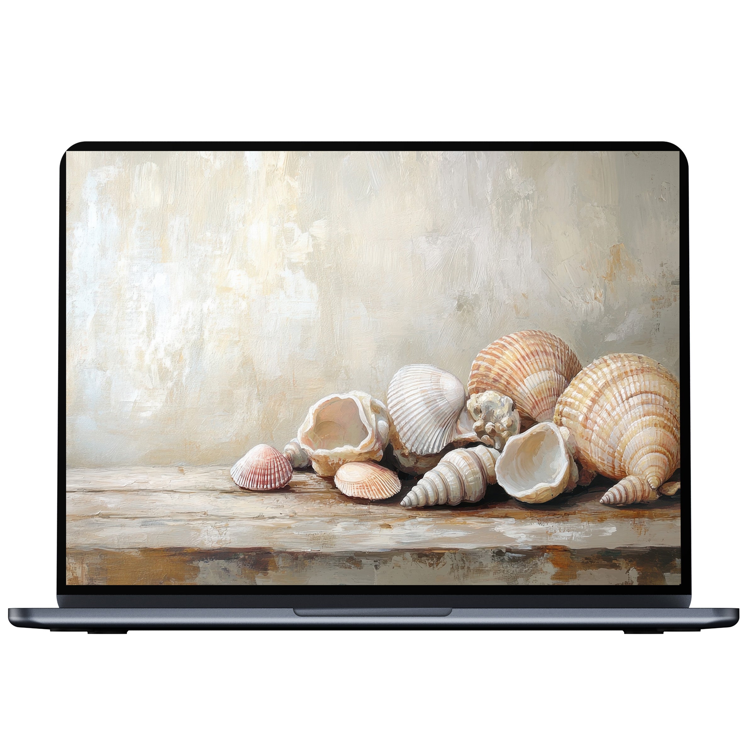 Elegant coastal desktop wallpaper featuring serene seashells painting in soft tones, perfect digital download for PC and laptop tranquility