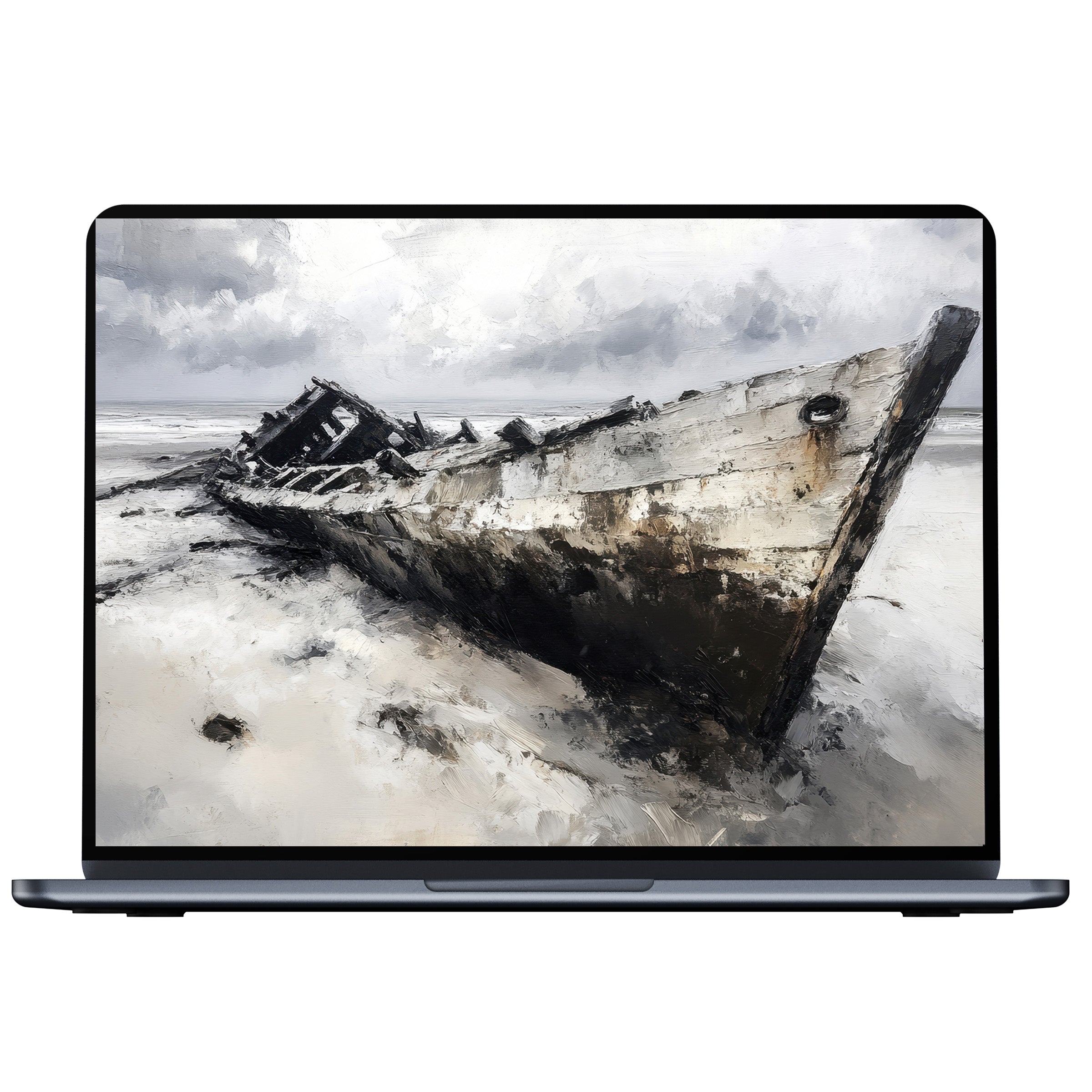 Coastal desktop wallpaper featuring a serene shipwreck painting, perfect for PC and laptop, offering digital download for elegant calm