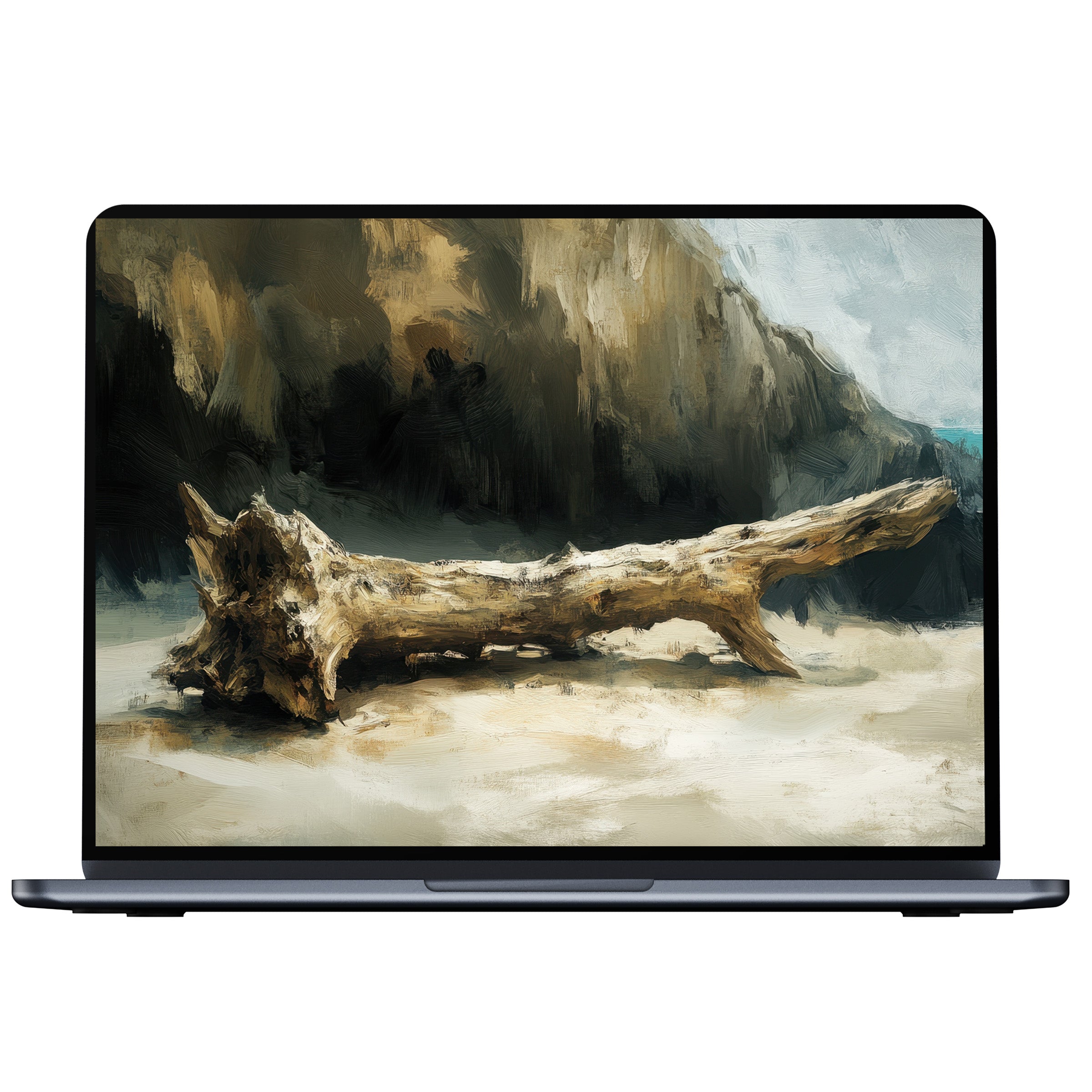 Calming coastal desktop wallpaper featuring a driftwood scene, perfect digital download for PC and laptop, inspires elegance and mindfulness