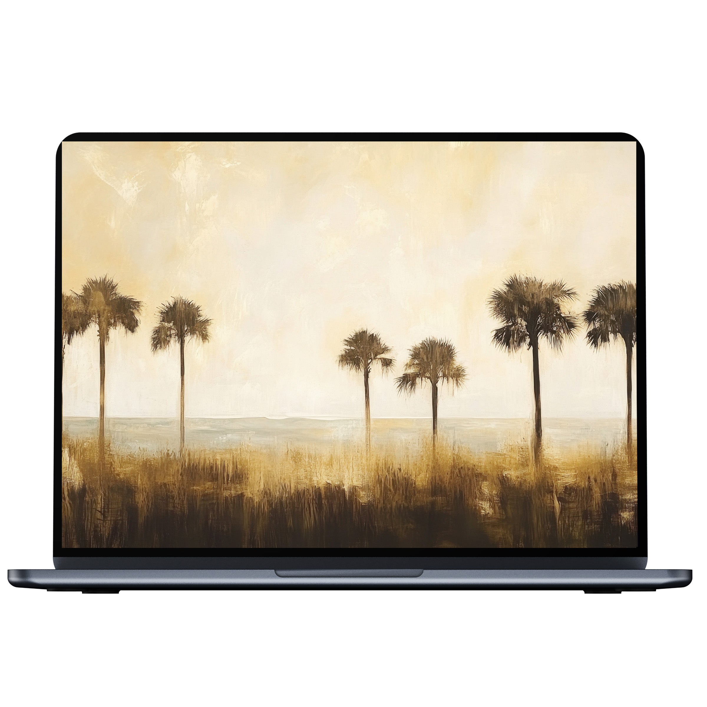 Serene coastal desktop wallpaper featuring tranquil palm silhouettes on a soft golden horizon digital download for PC and laptop