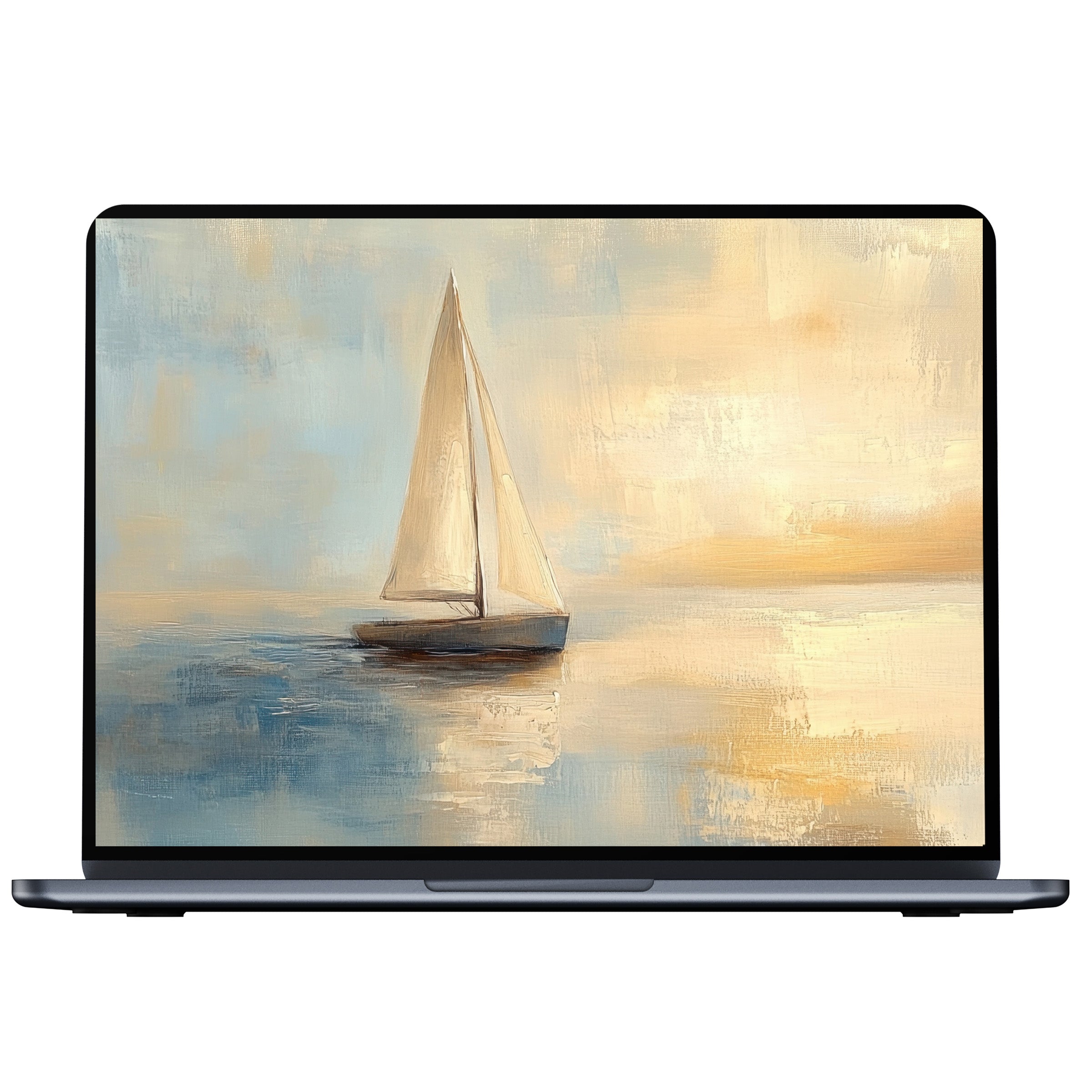 Coastal desktop wallpaper showcasing a serene sailboat at sunset in soft pastels ideal for a calming digital download on PC or laptop