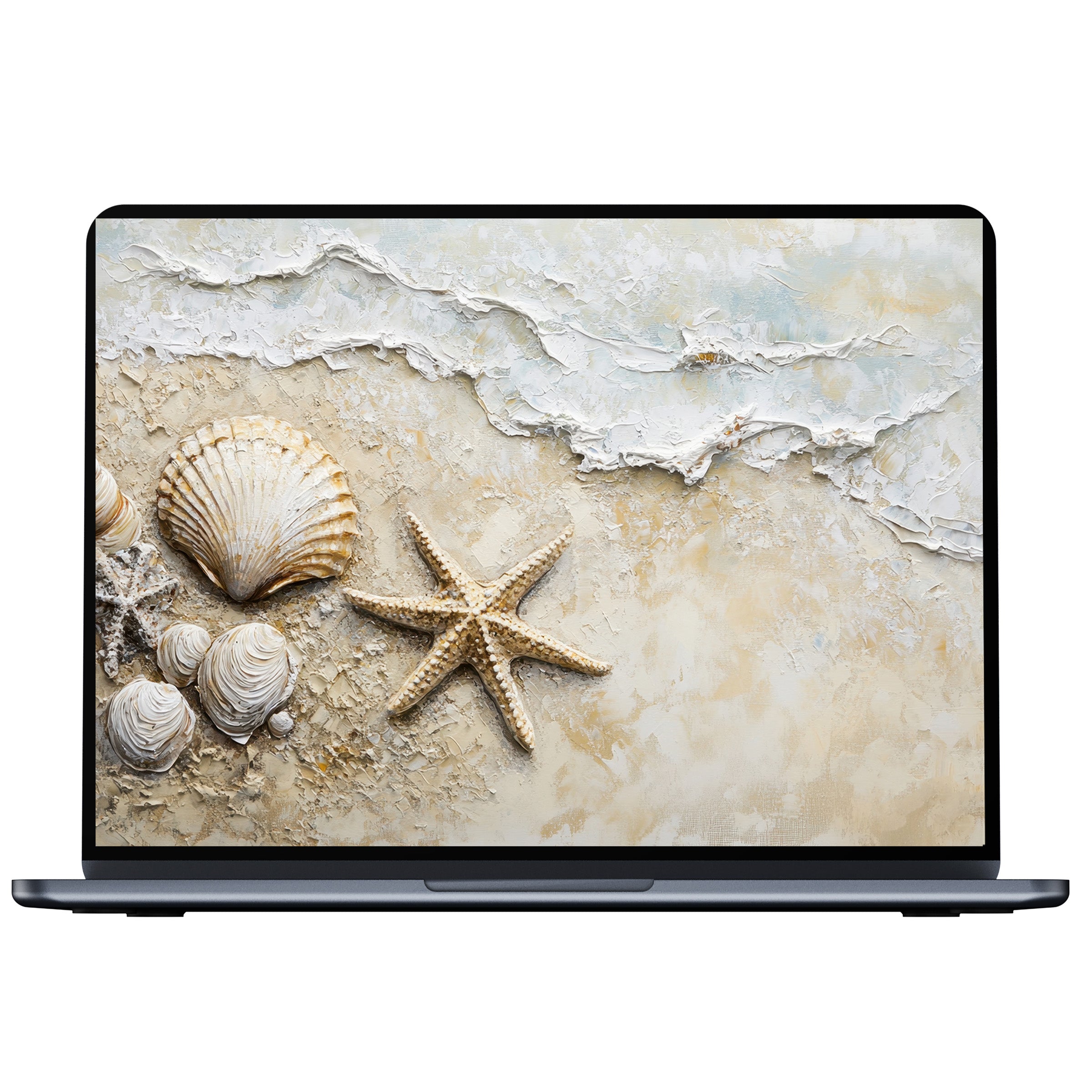 Elegant coastal desktop wallpaper featuring serene seashells and starfish in soft tones ideal for PC or laptop digital download
