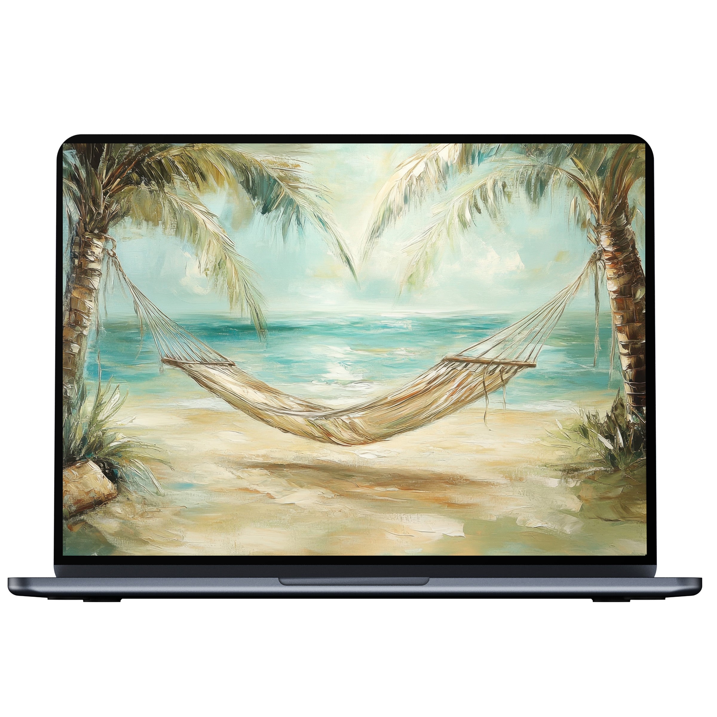 Coastal desktop wallpaper digital download featuring an elegant beach scene with a hammock between palms for PC or laptop tranquility