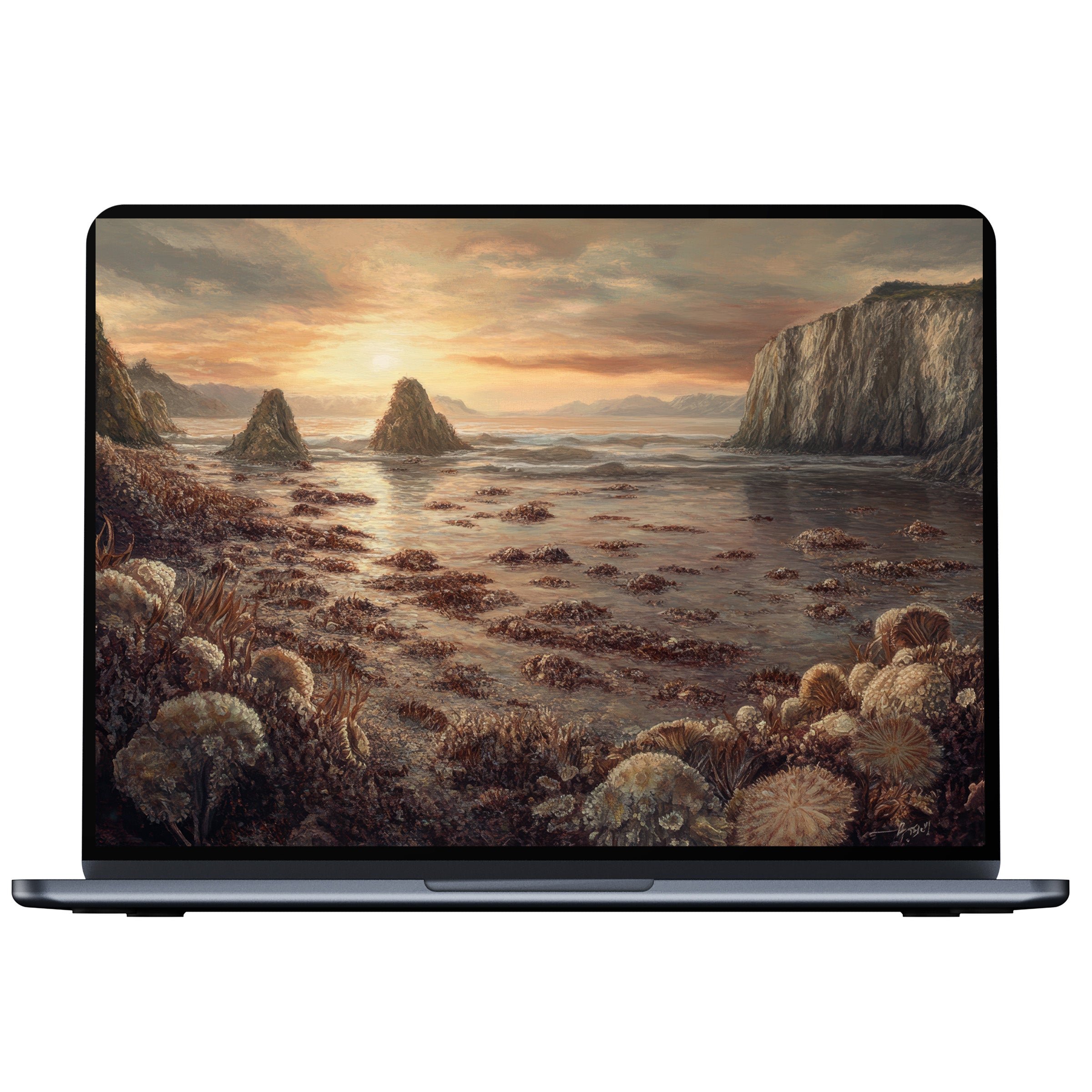 Tranquil coastal desktop wallpaper digital download showcases serene seascape at sunset with rugged cliffs ideal for PC, laptop, Mac