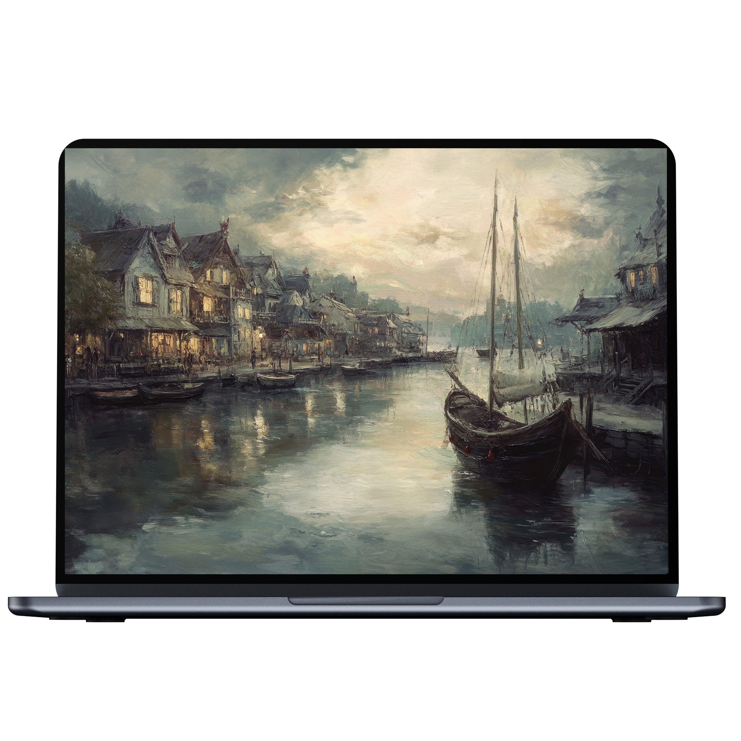 Coastal desktop wallpaper digital download for PC, laptop, and Mac featuring serene harbor at dusk with calm waters and moody skies