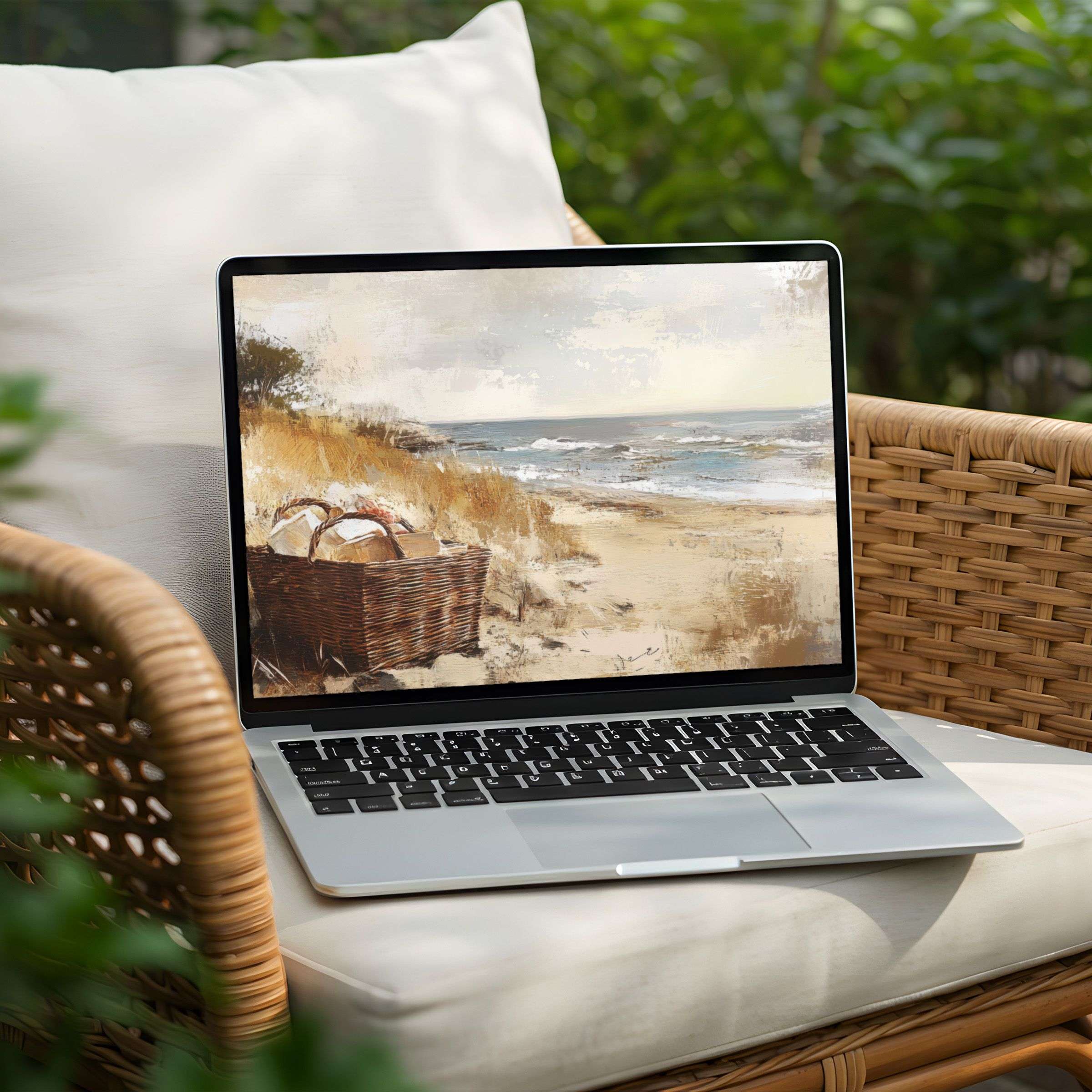 Serene coastal art desktop background for PC or Laptop, instant download for a calming, elegant design-conscious ambiance