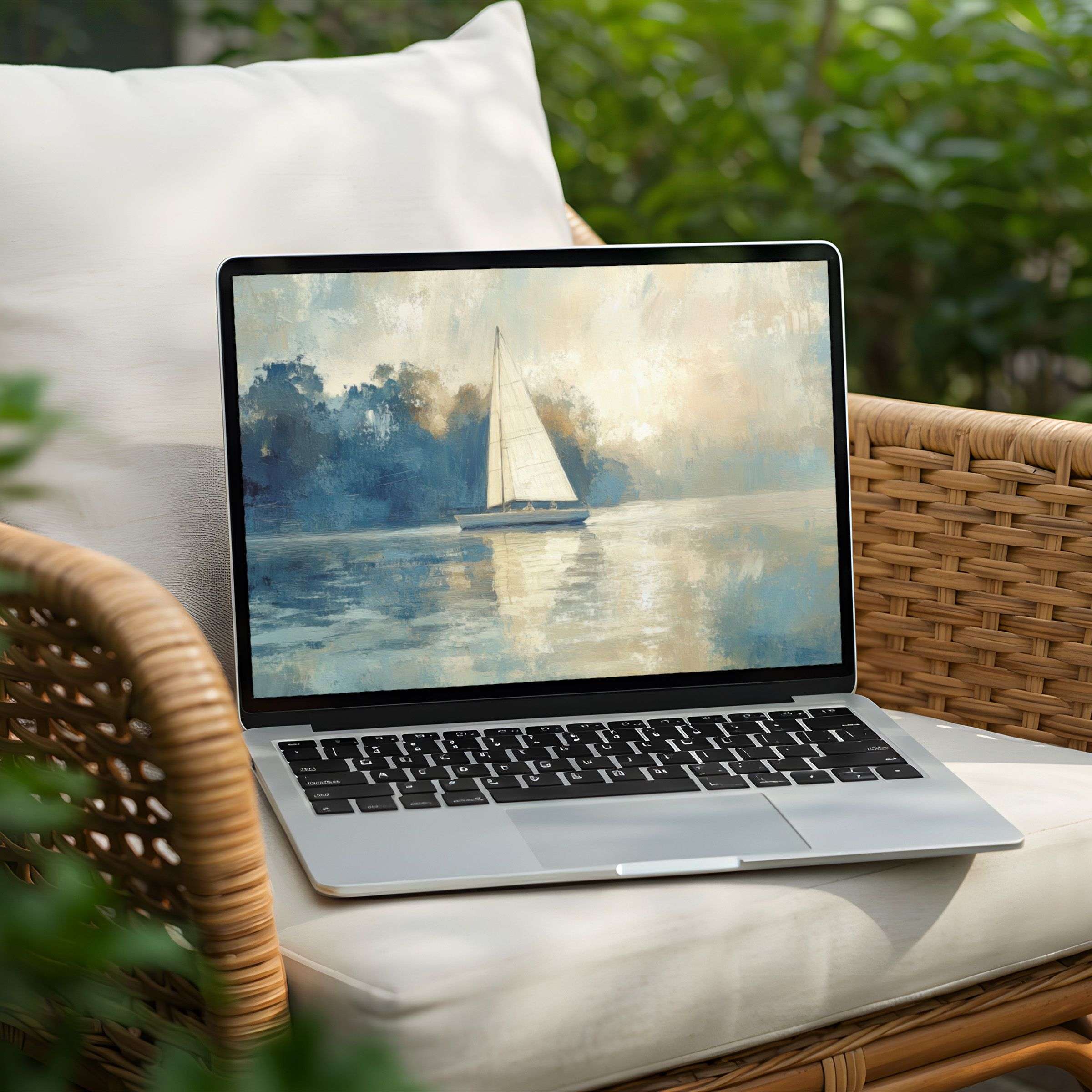 Serene sailboat art on laptop screen, perfect desktop background for a calming, elegant PC or Laptop instant download experience